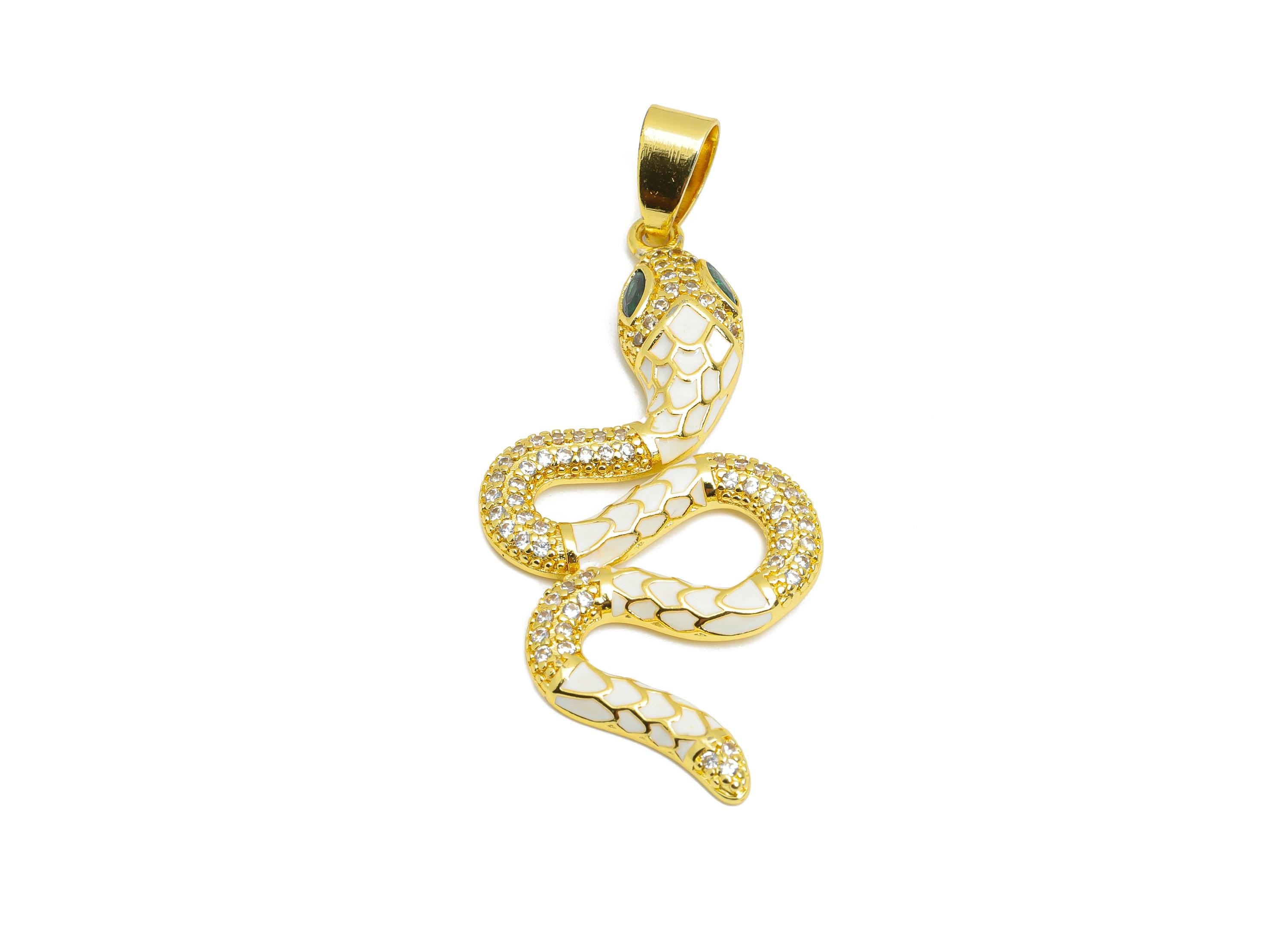 White Enamel Snake Pendant - Brass Zircon Protection Jewelry - Handcrafted Marquise Jewelry - 18K Real Gold Plated - 43x20x3mm - RGP9707 - DOMEDBAZAAR