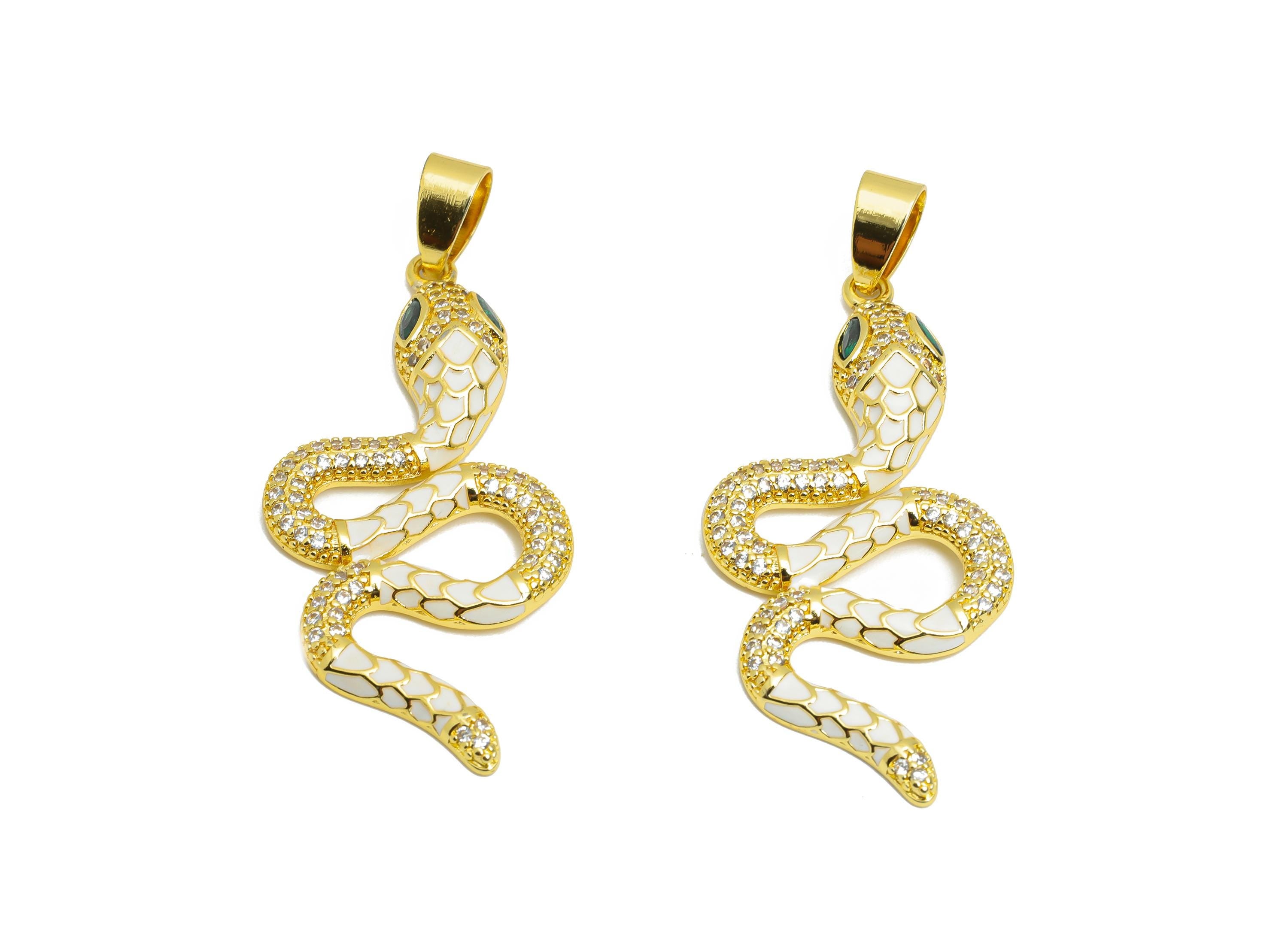 White Enamel Snake Pendant - Brass Zircon Protection Jewelry - Handcrafted Marquise Jewelry - 18K Real Gold Plated - 43x20x3mm - RGP9707 - DOMEDBAZAAR