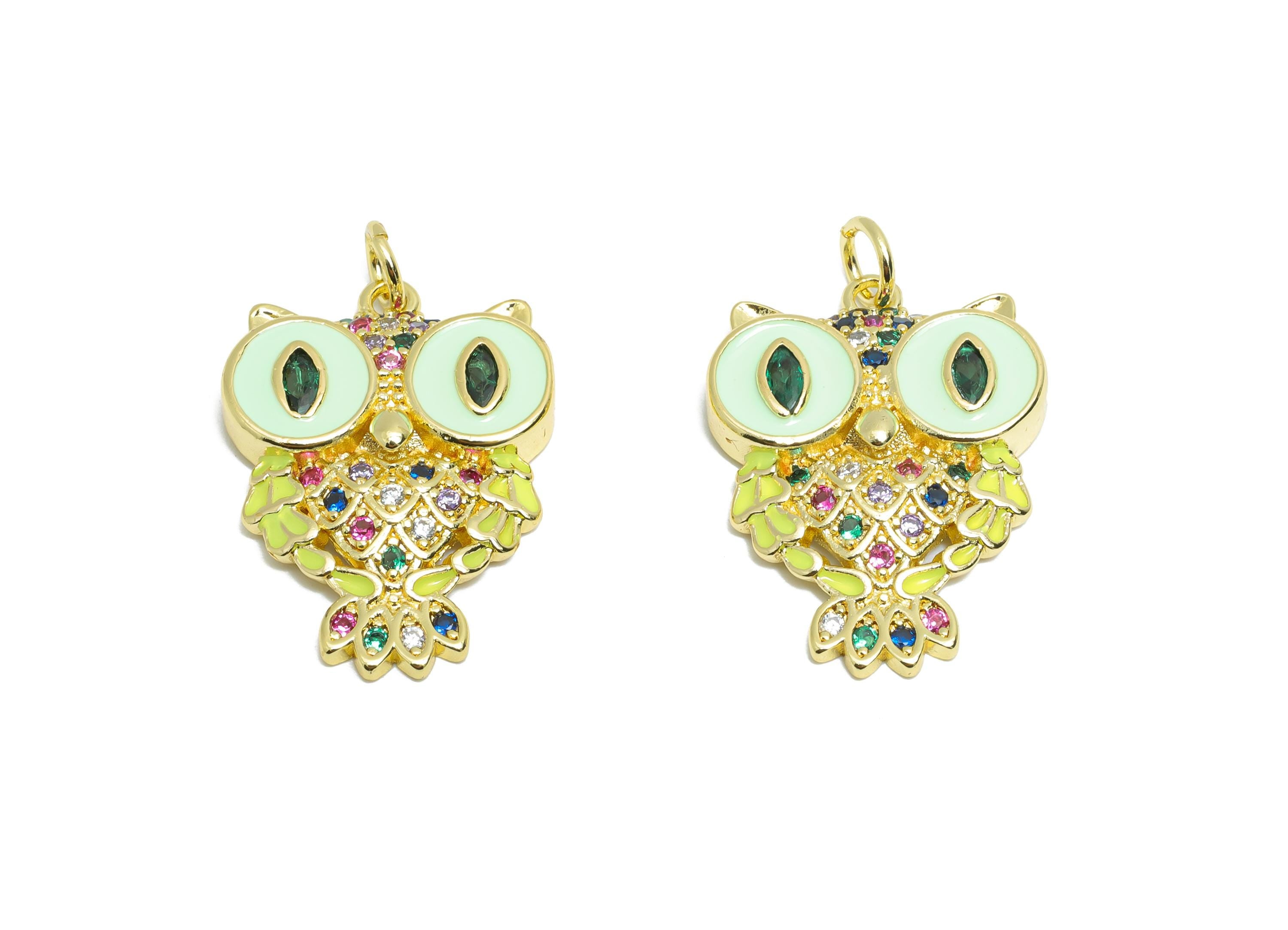 Colorful Owl Pendant - Brass Zircon Mystical Owl Jewelry - Symbol of Wisdom Jewelry - Owl Necklace - 18K Real Gold Plated -24x17x3mm-RGP9701 - DOMEDBAZAAR