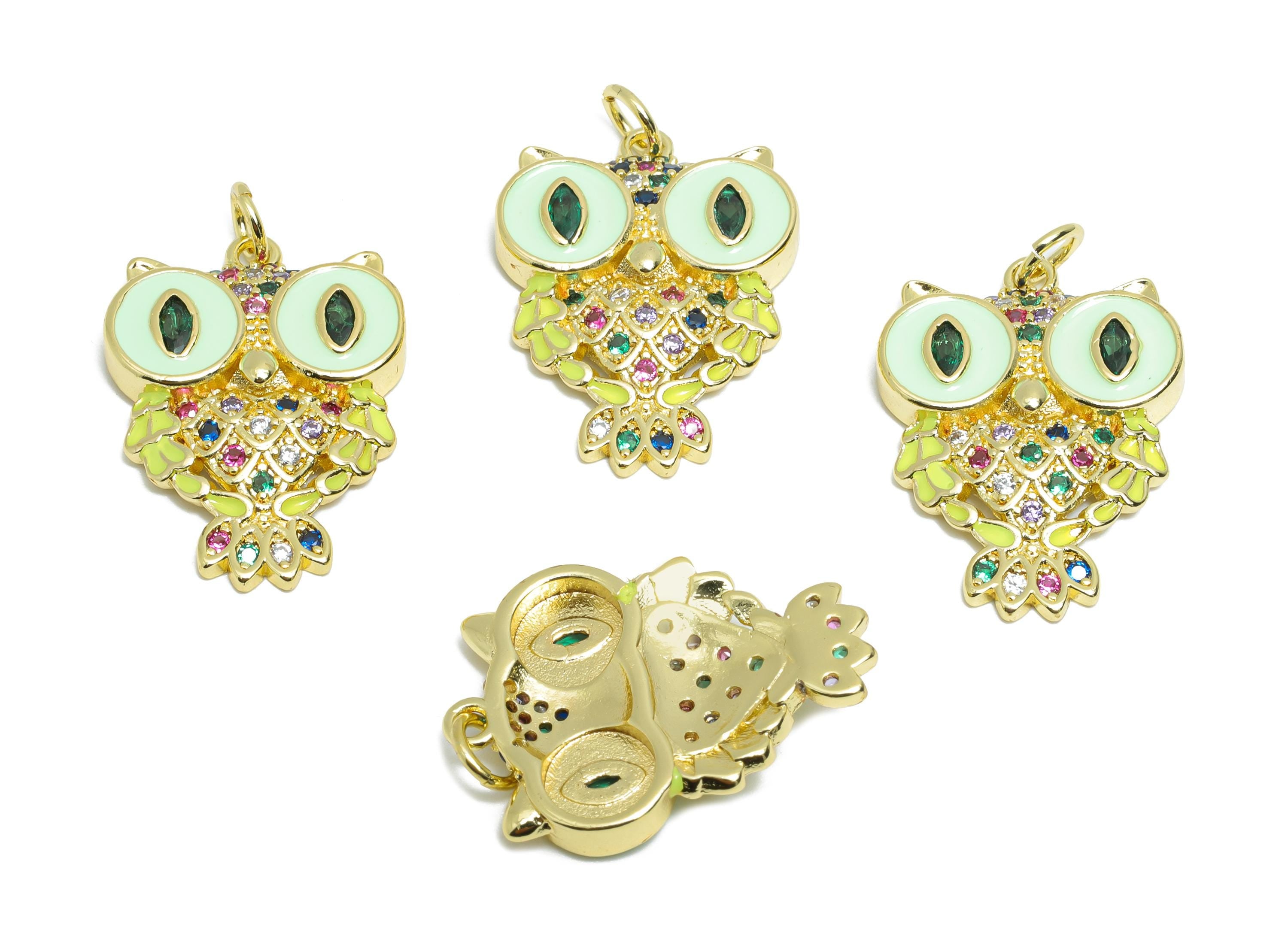 Colorful Owl Pendant - Brass Zircon Mystical Owl Jewelry - Symbol of Wisdom Jewelry - Owl Necklace - 18K Real Gold Plated -24x17x3mm-RGP9701 - DOMEDBAZAAR