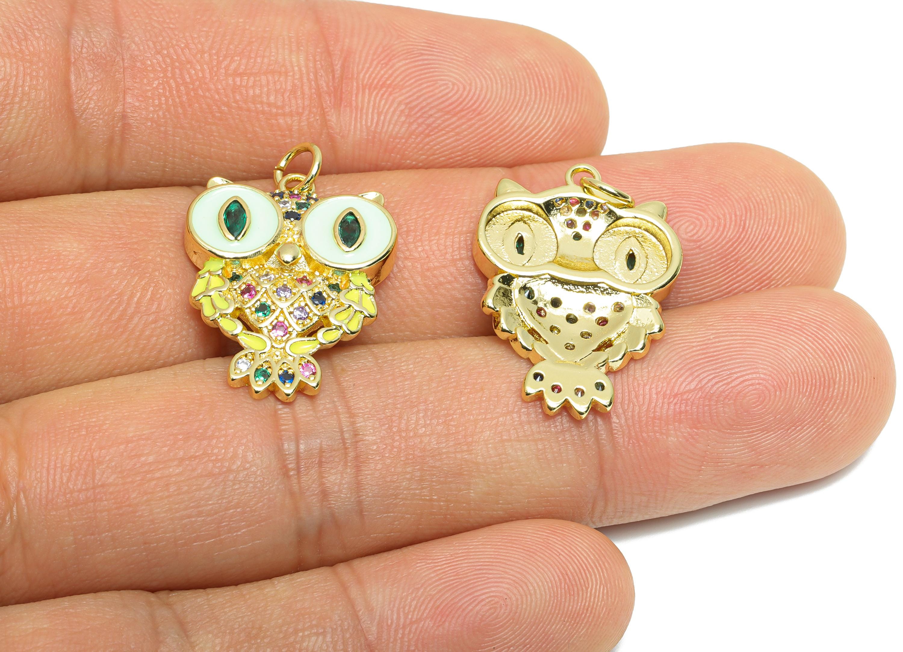 Colorful Owl Pendant - Brass Zircon Mystical Owl Jewelry - Symbol of Wisdom Jewelry - Owl Necklace - 18K Real Gold Plated -24x17x3mm-RGP9701 - DOMEDBAZAAR