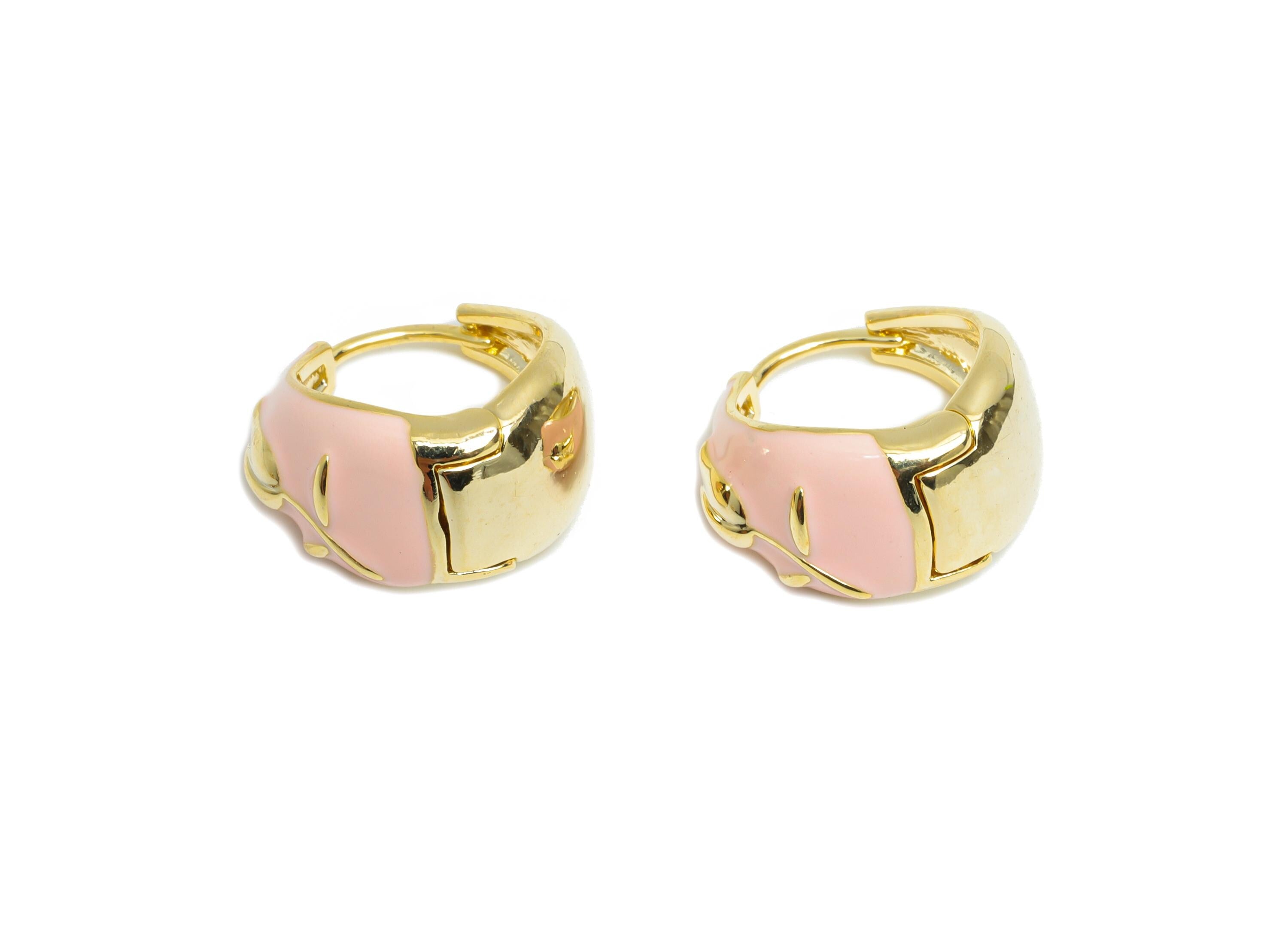 Brass Round Hoop Earring - Flower Enamel Huggie Earring for Girl's - Refined Gold Thick Earring - 18K Gold Plated - 16.61x9.14x3mm -RGP9607B - DOMEDBAZAAR