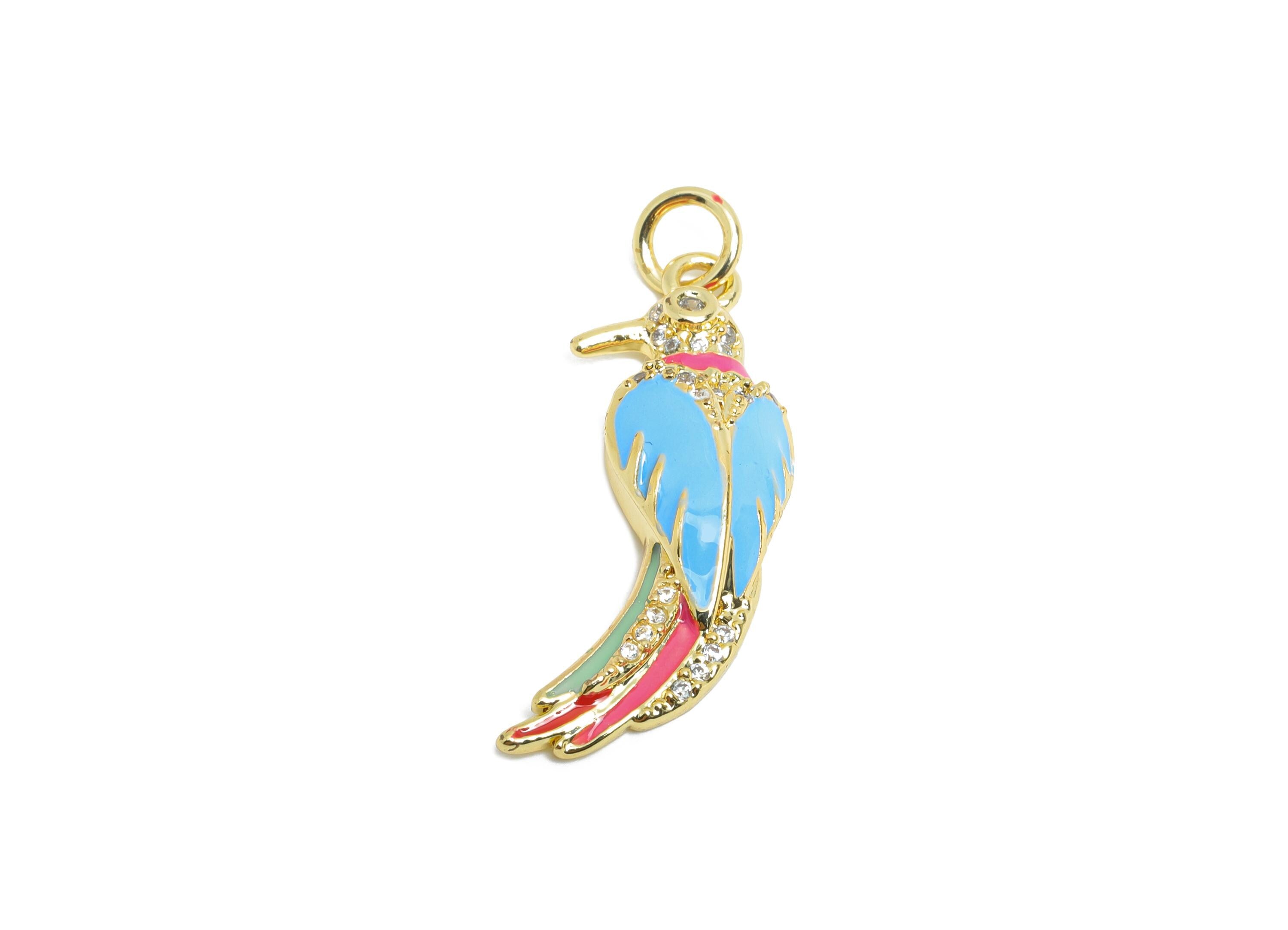 Colorful Bird Pendant - Brass Zircon Animal Jewelry - Nature Jewelry - Colorful Enamel Necklace - 18K Real Gold Plated - 27x9x4mm - RGP9699 - DOMEDBAZAAR
