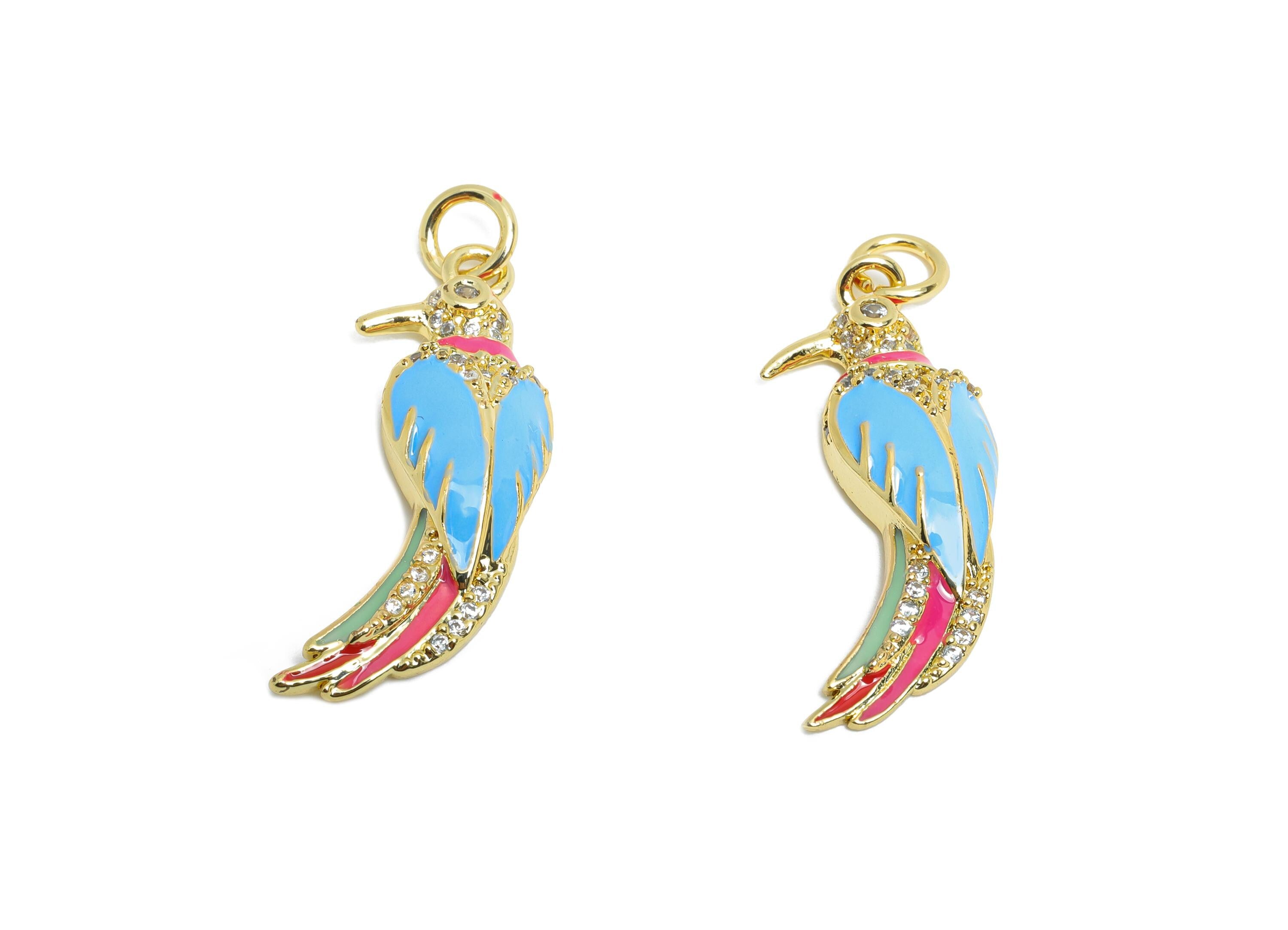 Colorful Bird Pendant - Brass Zircon Animal Jewelry - Nature Jewelry - Colorful Enamel Necklace - 18K Real Gold Plated - 27x9x4mm - RGP9699 - DOMEDBAZAAR