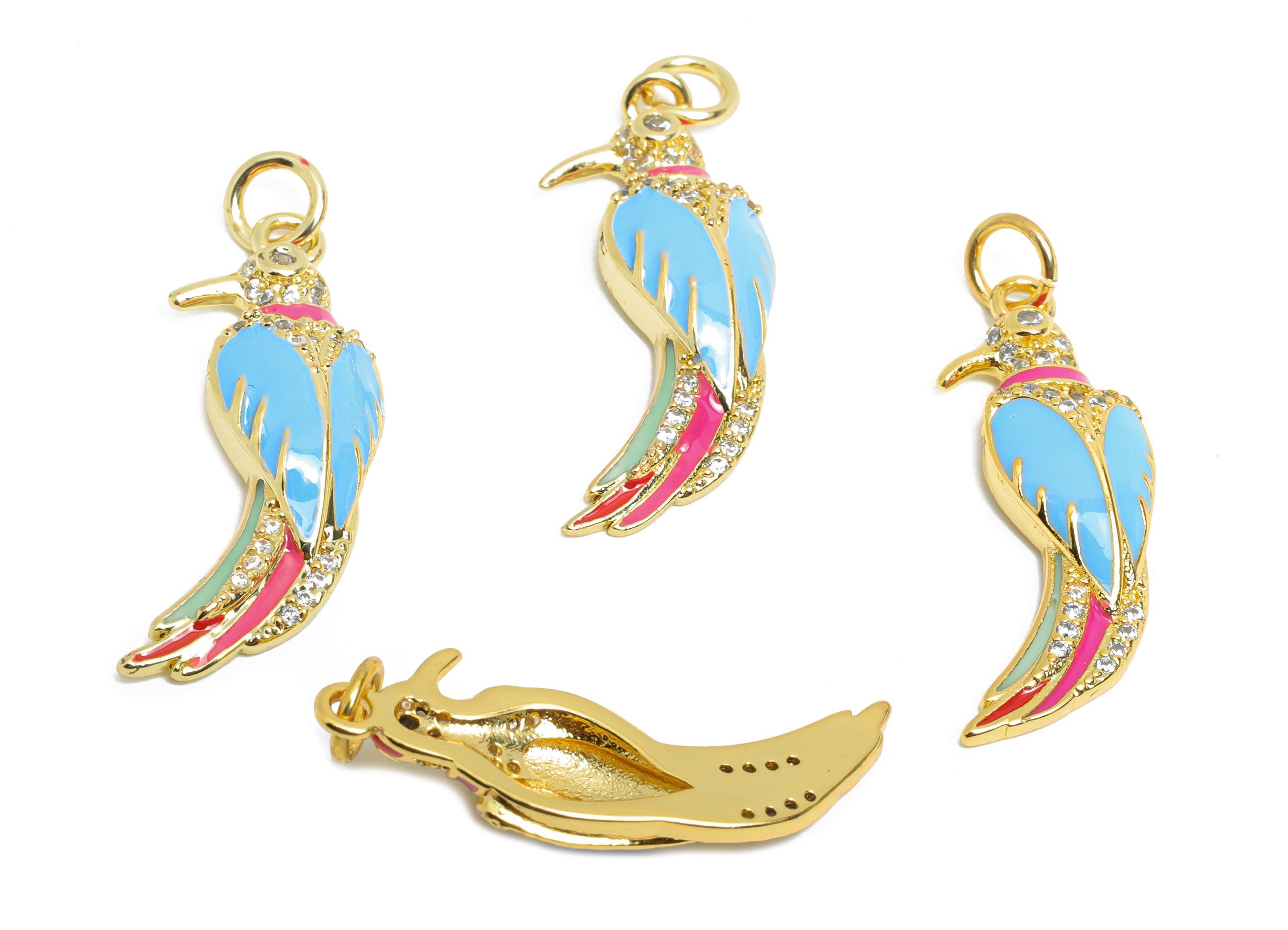 Colorful Bird Pendant - Brass Zircon Animal Jewelry - Nature Jewelry - Colorful Enamel Necklace - 18K Real Gold Plated - 27x9x4mm - RGP9699 - DOMEDBAZAAR