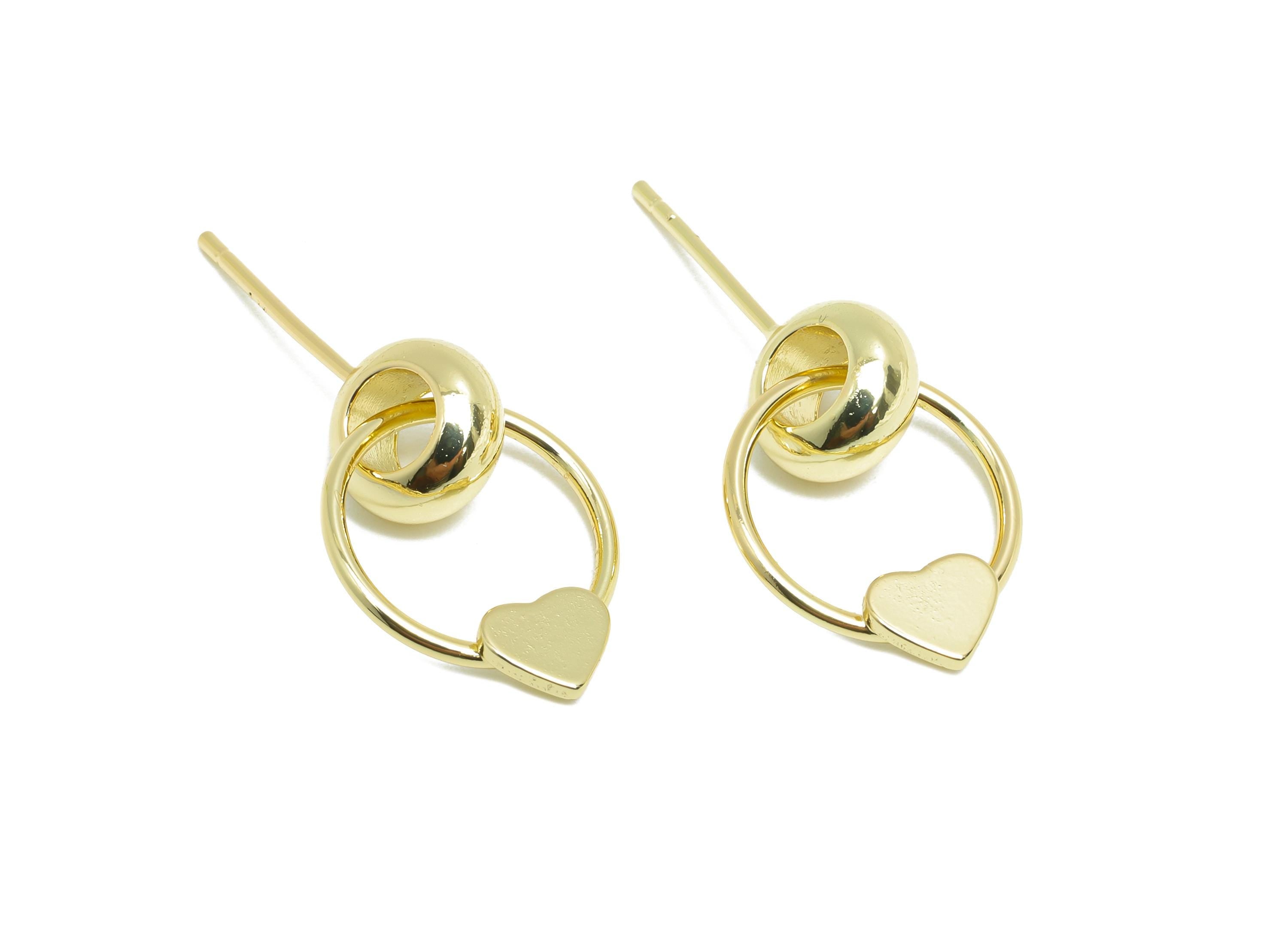 Brass Dangle Earring Stud - Brass Double Round Interlock Earring Post - Heart Dangle Earring Post -14K Real Gold-Plated-18x13x4mm-RGP9444-14 - DOMEDBAZAAR