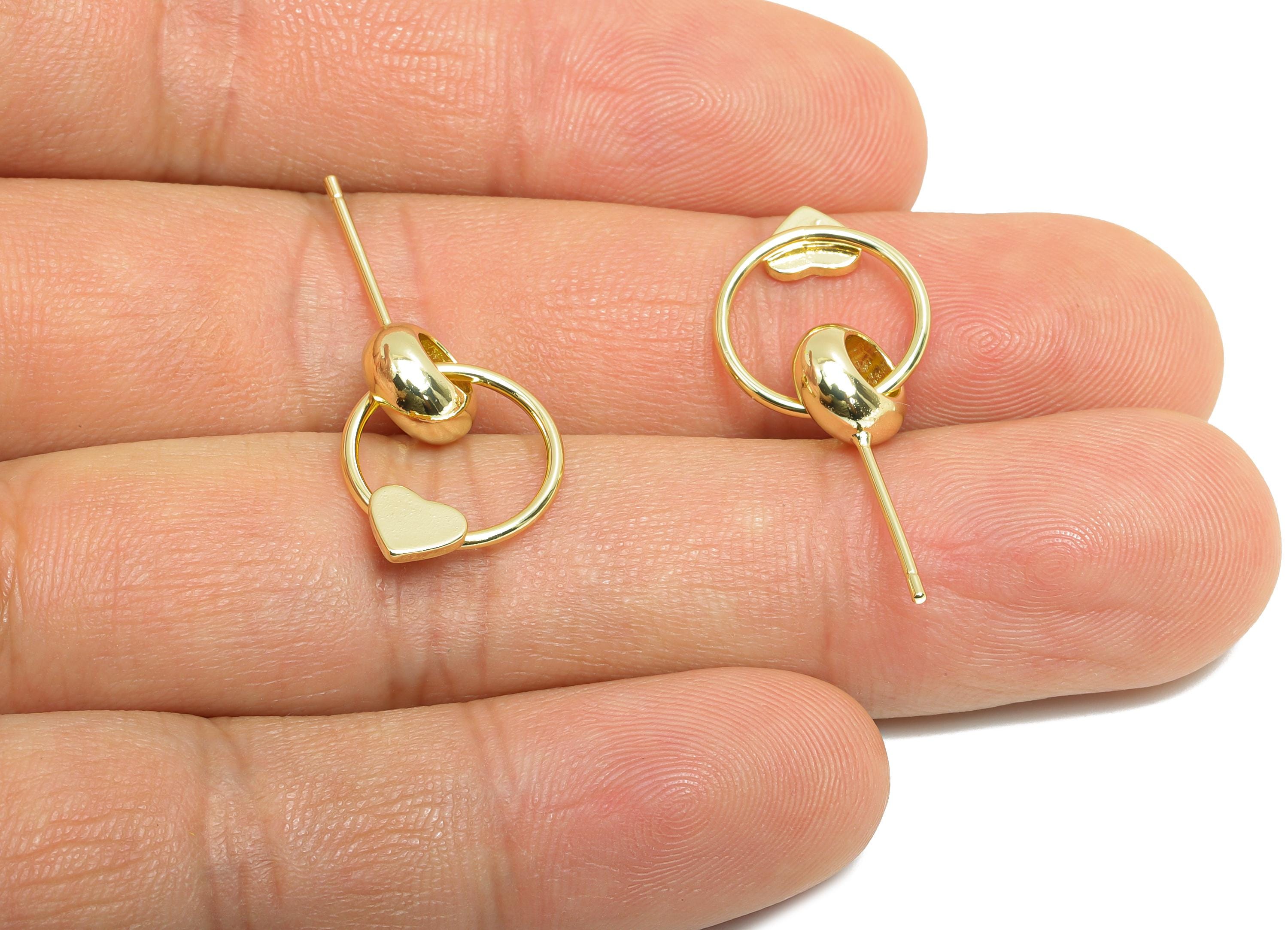 Brass Dangle Earring Stud - Brass Double Round Interlock Earring Post - Heart Dangle Earring Post -14K Real Gold-Plated-18x13x4mm-RGP9444-14 - DOMEDBAZAAR