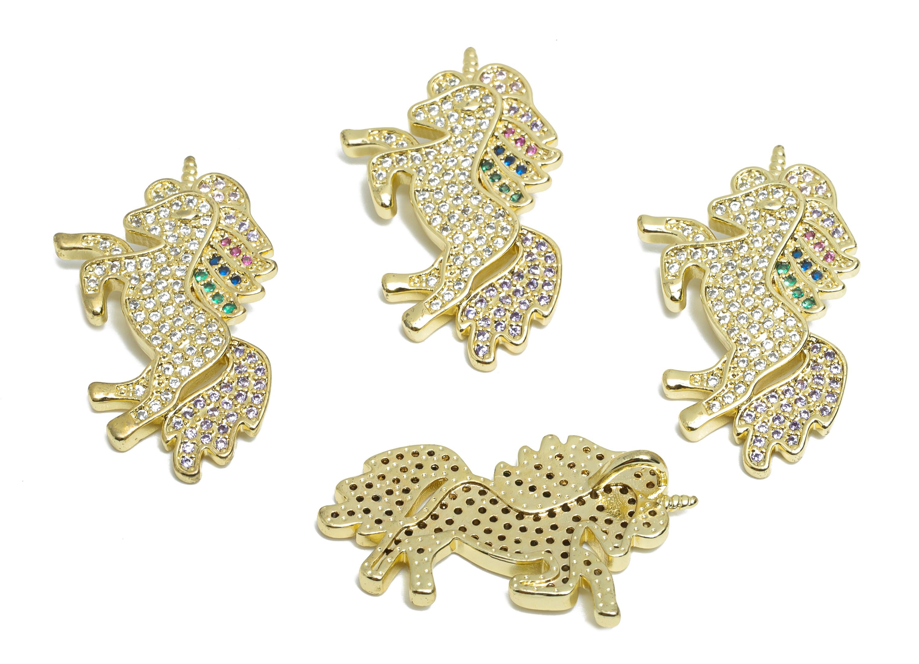 Brass Unicorn Charm - Brass Zircon Horse Earring Charm - Lucky Jewelry - Modern Sparking Charm - 18K Real Gold Plated - 16x28x2mm-RGP9700 - DOMEDBAZAAR