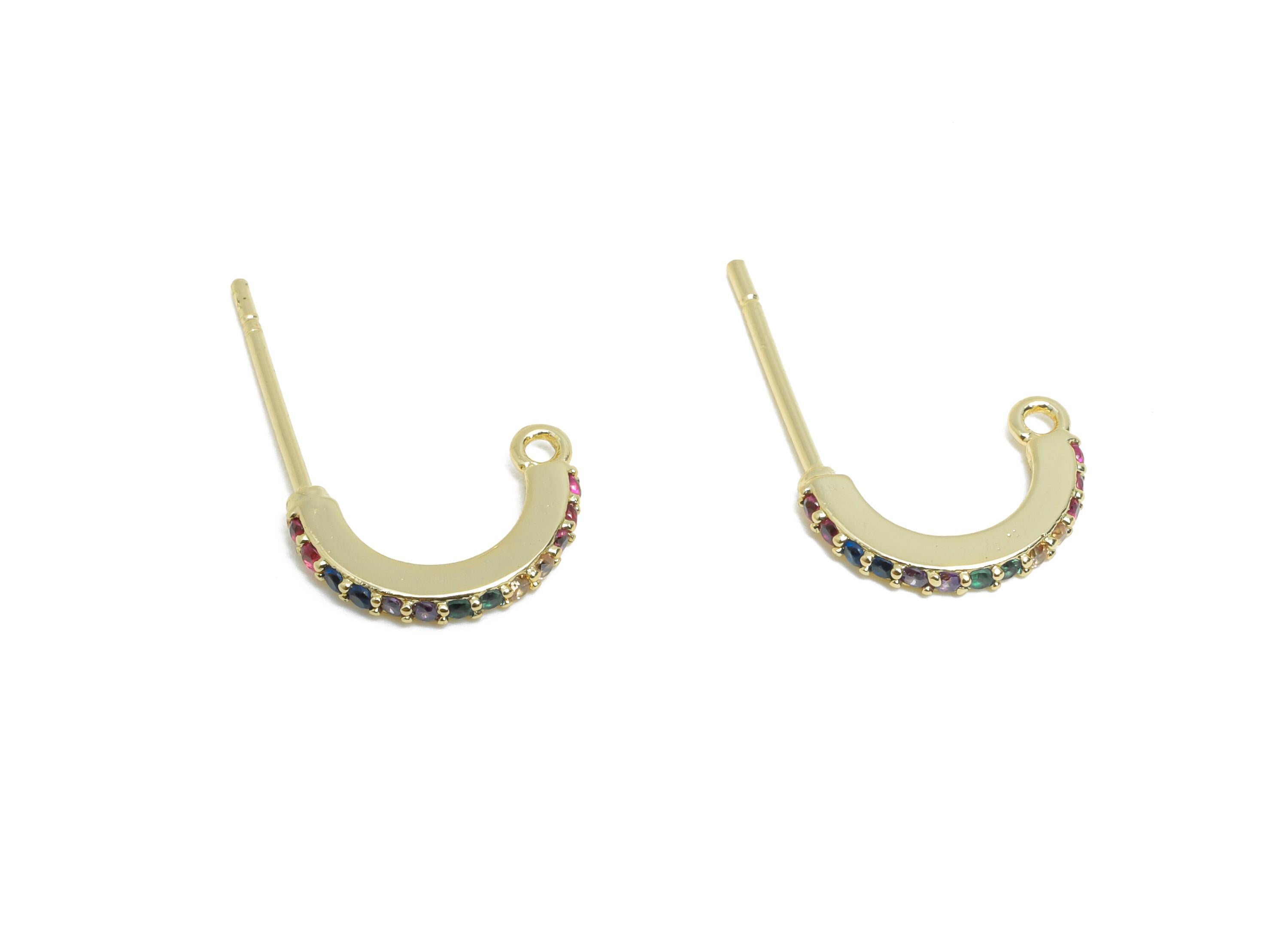 Brass CZ Hoop Earrings - Mini C Hoop Earring Post with Loop - Colorful CZ Earrings - 14K Real Gold Plated - 11.28x1.08x1.56mm - RGP9563-14 - DOMEDBAZAAR