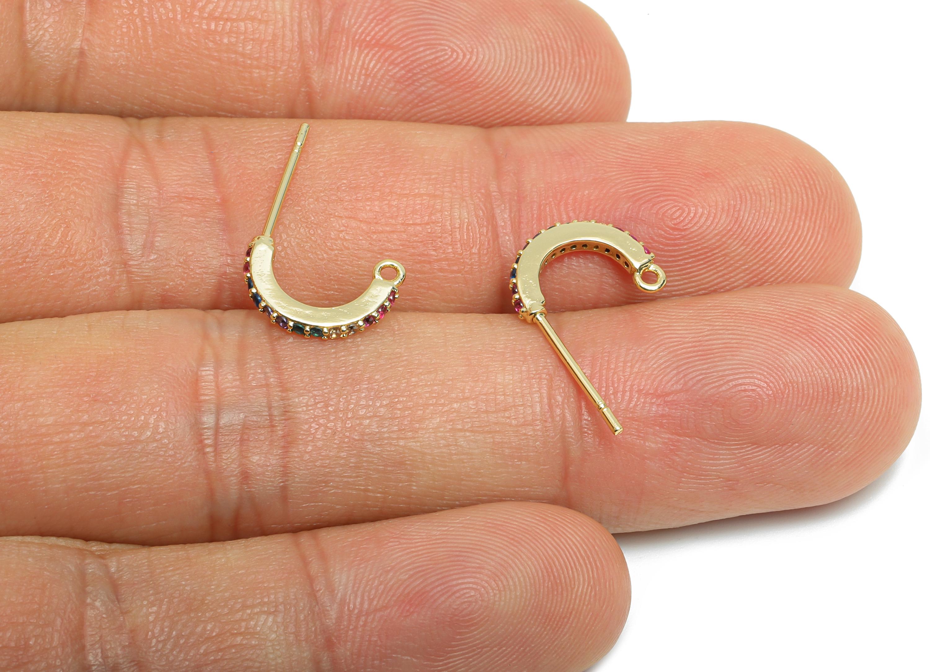 Brass CZ Hoop Earrings - Mini C Hoop Earring Post with Loop - Colorful CZ Earrings - 14K Real Gold Plated - 11.28x1.08x1.56mm - RGP9563-14 - DOMEDBAZAAR