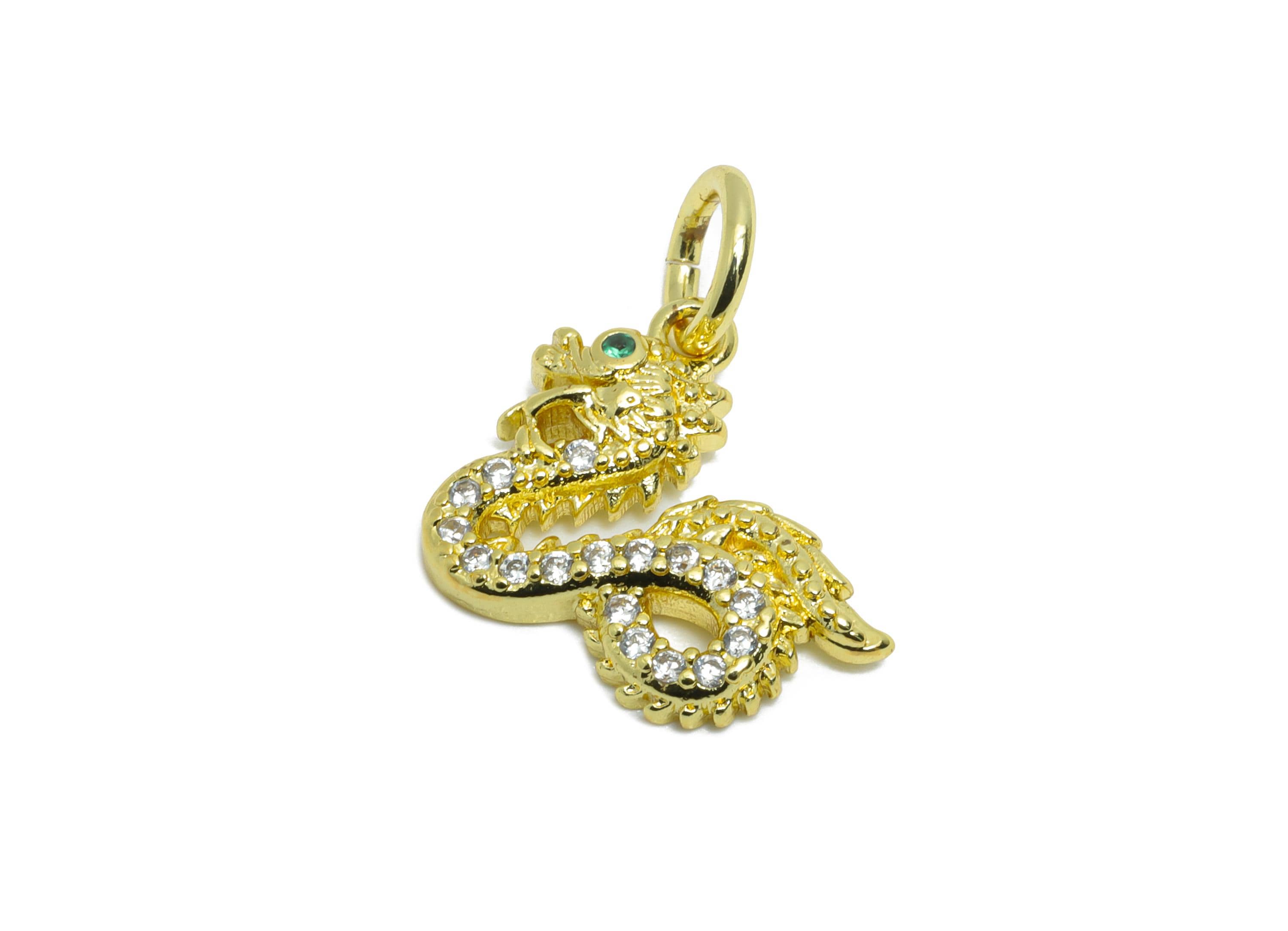 Brass Dragon Pendant - Brass Cubic Zircon Jewelry - Mini Dragon Pendant - Modern Sparking Charm - 18K Real Gold Plated - 13x14x2mm-RGP9704 - DOMEDBAZAAR