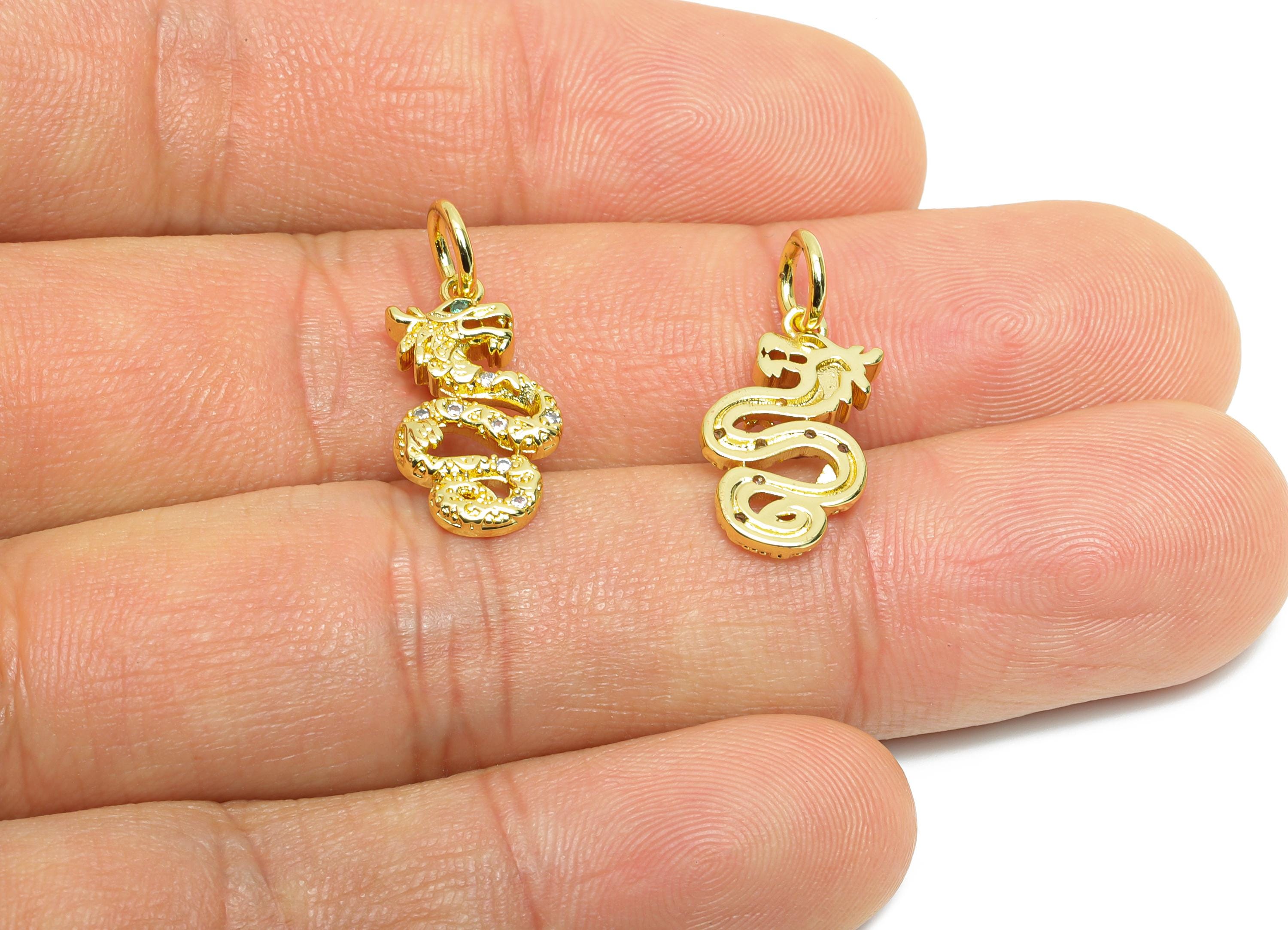 Brass Dragon Pendant - Brass Cubic Zircon Jewelry - Twisted Dragon Pendant - Sparking Charm - 18K Real Gold Plated - 17x9x2.31mm - RGP9703 - DOMEDBAZAAR