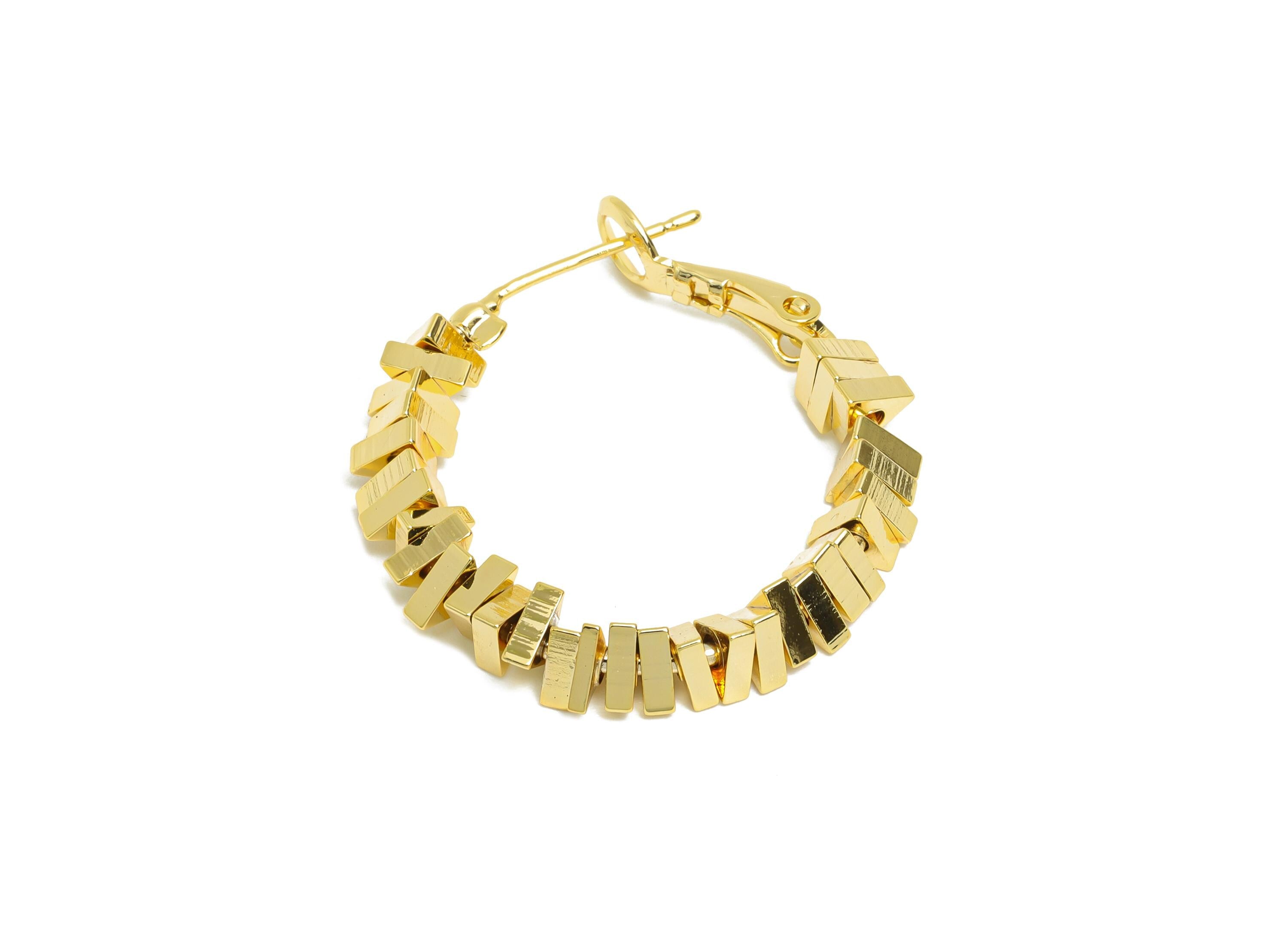 Brass Beaded Hoop Earring - Gold Stacked Triangle Earring - Geometric Clasp Back Earrings - 18K Real Gold-Plated Brass - 28x26x4mm - RGP9436 - DOMEDBAZAAR