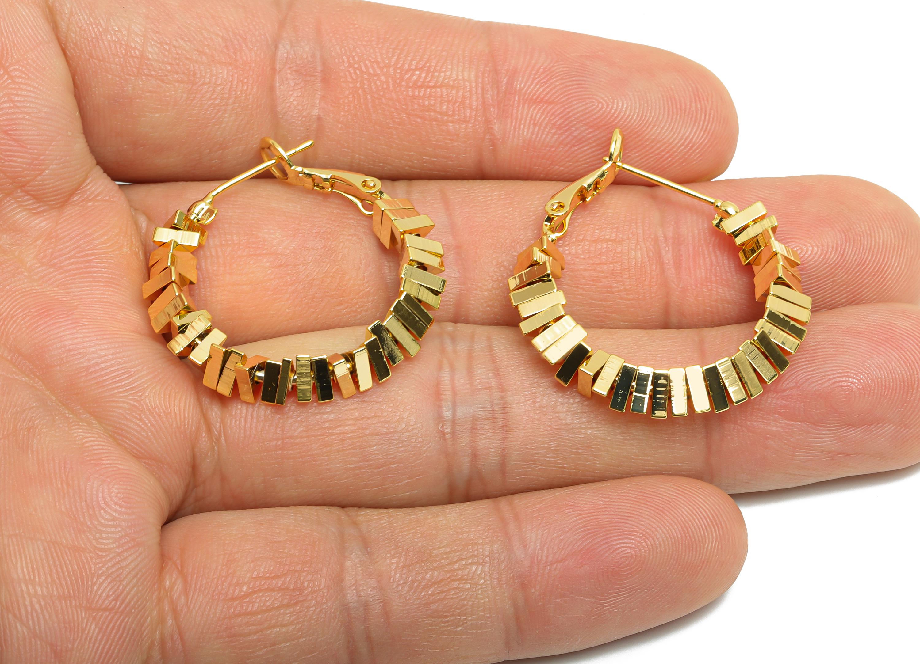 Brass Beaded Hoop Earring - Gold Stacked Triangle Earring - Geometric Clasp Back Earrings - 18K Real Gold-Plated Brass - 28x26x4mm - RGP9436 - DOMEDBAZAAR