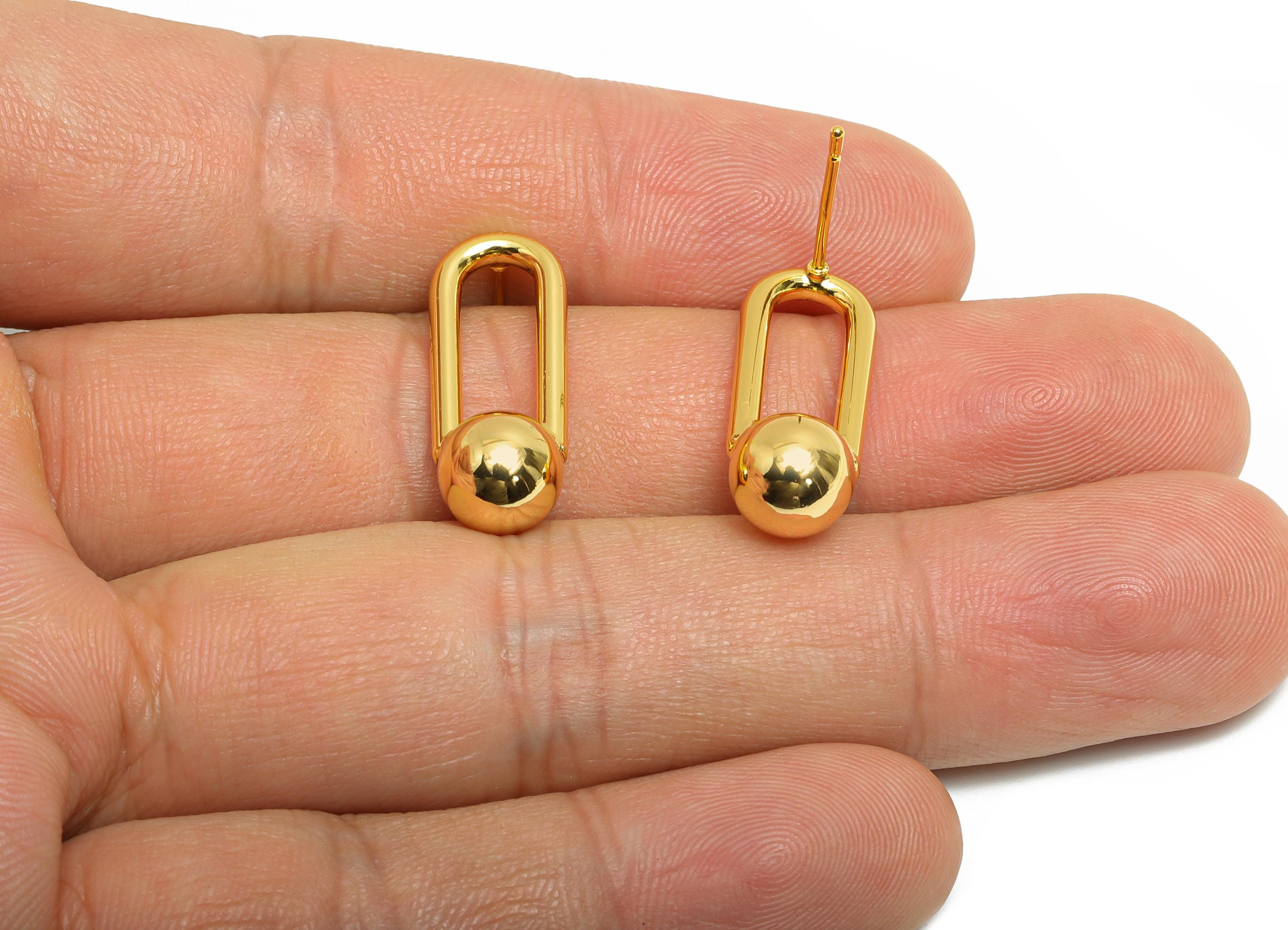 Brass Ball Earring Stud - Gold Oval Rectangle Ball Earring - Minimalist Dangle Ball Earring Post- 18K Real Gold Plated - 23x9x8mm - RGP9442 - DOMEDBAZAAR