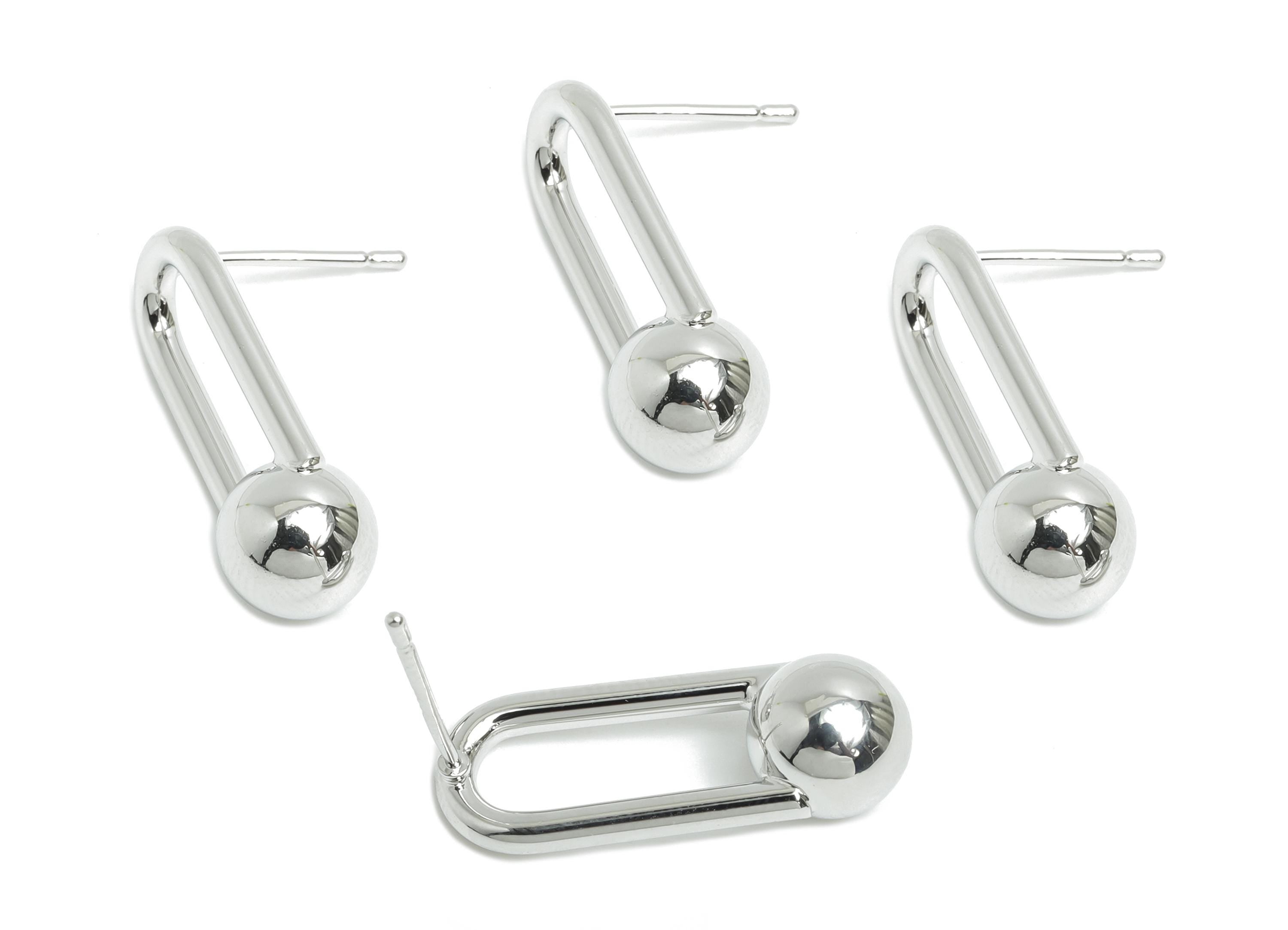 Brass Ball Earring Stud - Oval Rectangle Ball Earring - Minimalist Dangle Ball Earring Post- 18K Real White Gold Plated - 23x9x8mm -RGP9442S - DOMEDBAZAAR