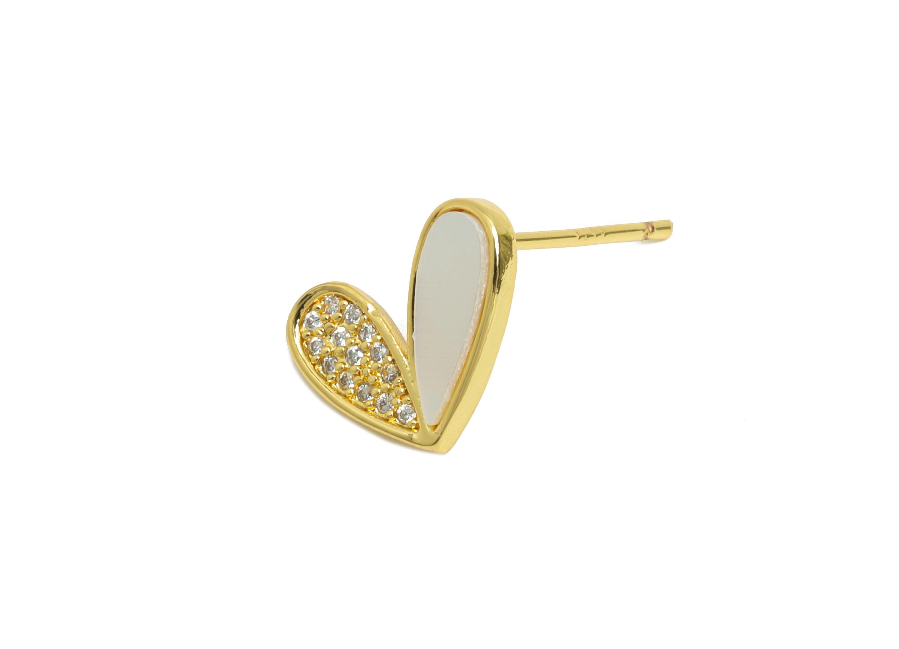 Brass CZ Heart Earring Post - Gold Zircon Heart Earring Stud - Sparking Seashell Earring - 18K Real Gold Plated -11.22x11.85x0.82mm -RGP9617 - DOMEDBAZAAR