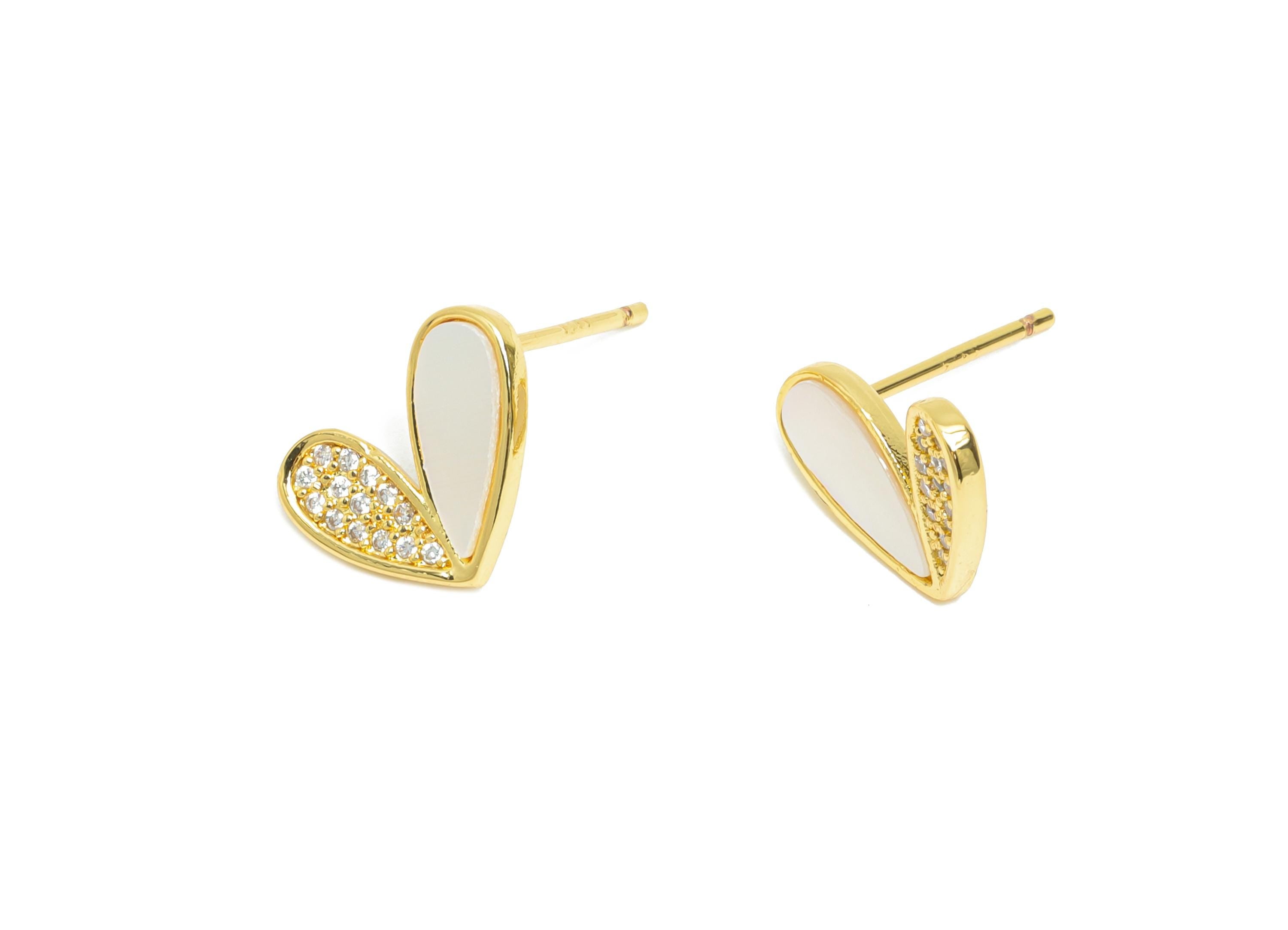 Brass CZ Heart Earring Post - Gold Zircon Heart Earring Stud - Sparking Seashell Earring - 18K Real Gold Plated -11.22x11.85x0.82mm -RGP9617 - DOMEDBAZAAR