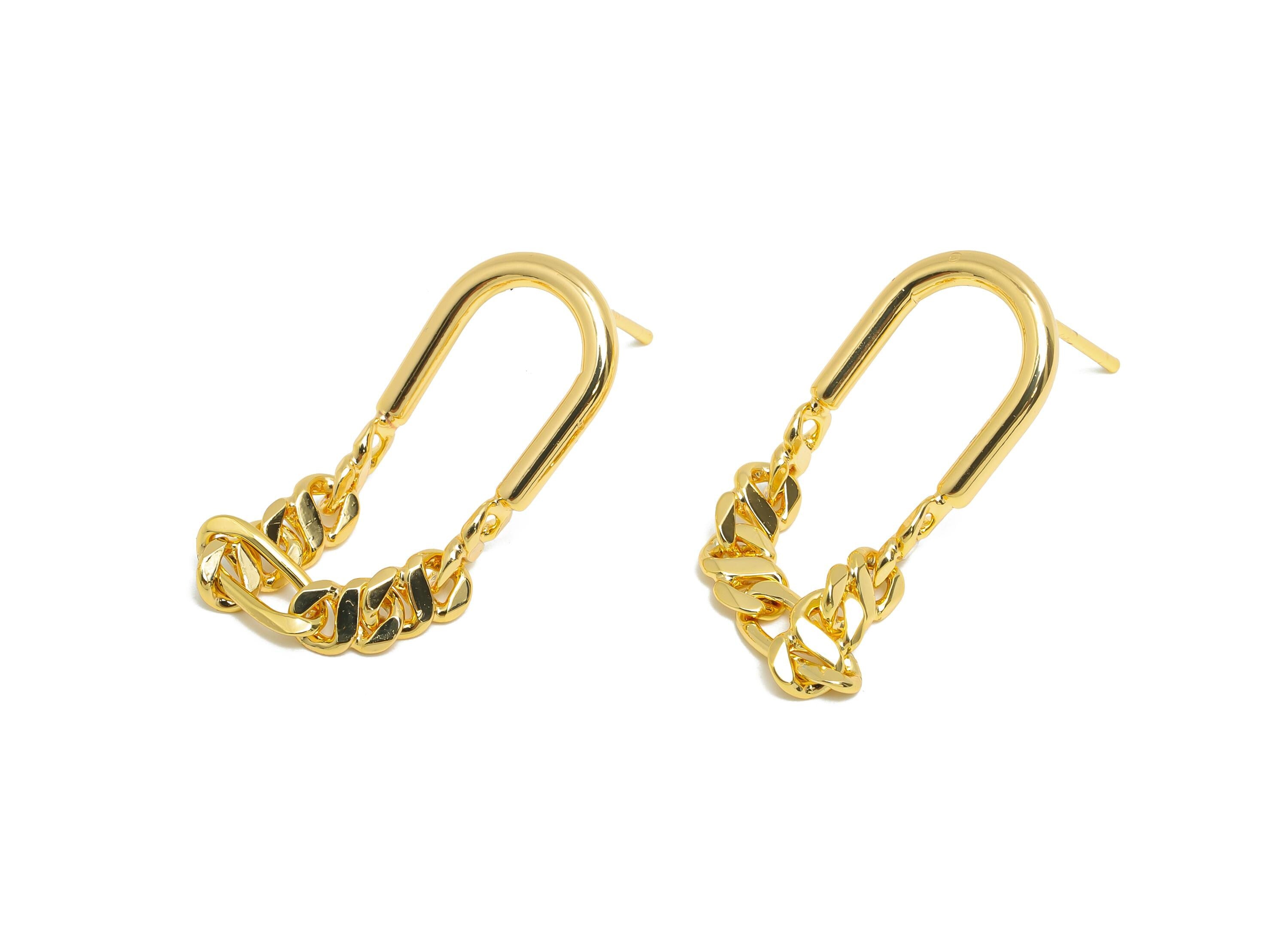 Brass U Shape Earring Stud - Gold Dangling Chain Earring Post - Fashion Chain Geometric Earring - 18K Real Gold-Plated -27x12x2mm - RGP9443 - DOMEDBAZAAR