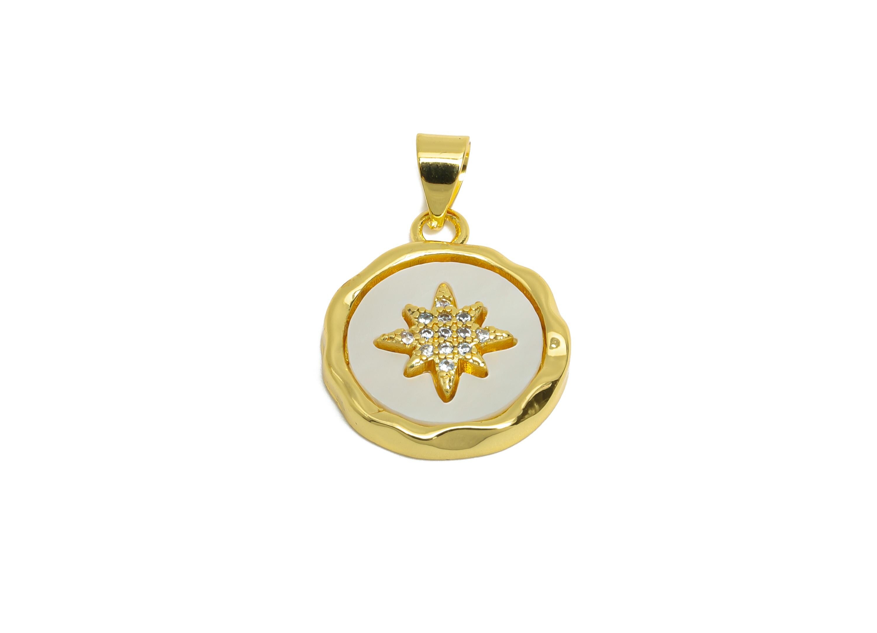 Brass CZ North Star Pendant - Gold Textured Round Pendant for Necklace - Danity Seashell Jewelry- 18K Gold Plated-23.42x15.81x3.12mm-RGP9630 - DOMEDBAZAAR