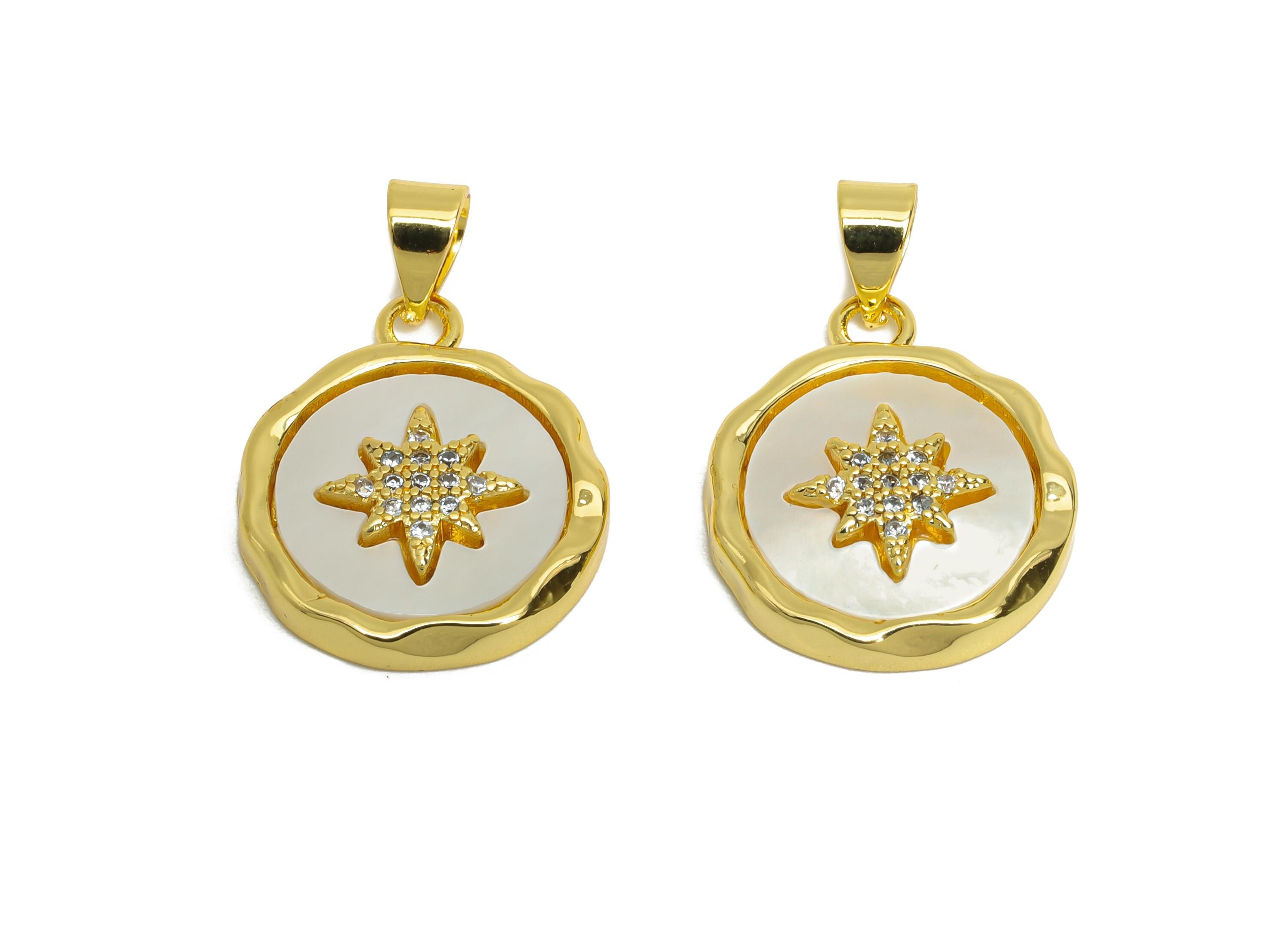 Brass CZ North Star Pendant - Gold Textured Round Pendant for Necklace - Danity Seashell Jewelry- 18K Gold Plated-23.42x15.81x3.12mm-RGP9630 - DOMEDBAZAAR