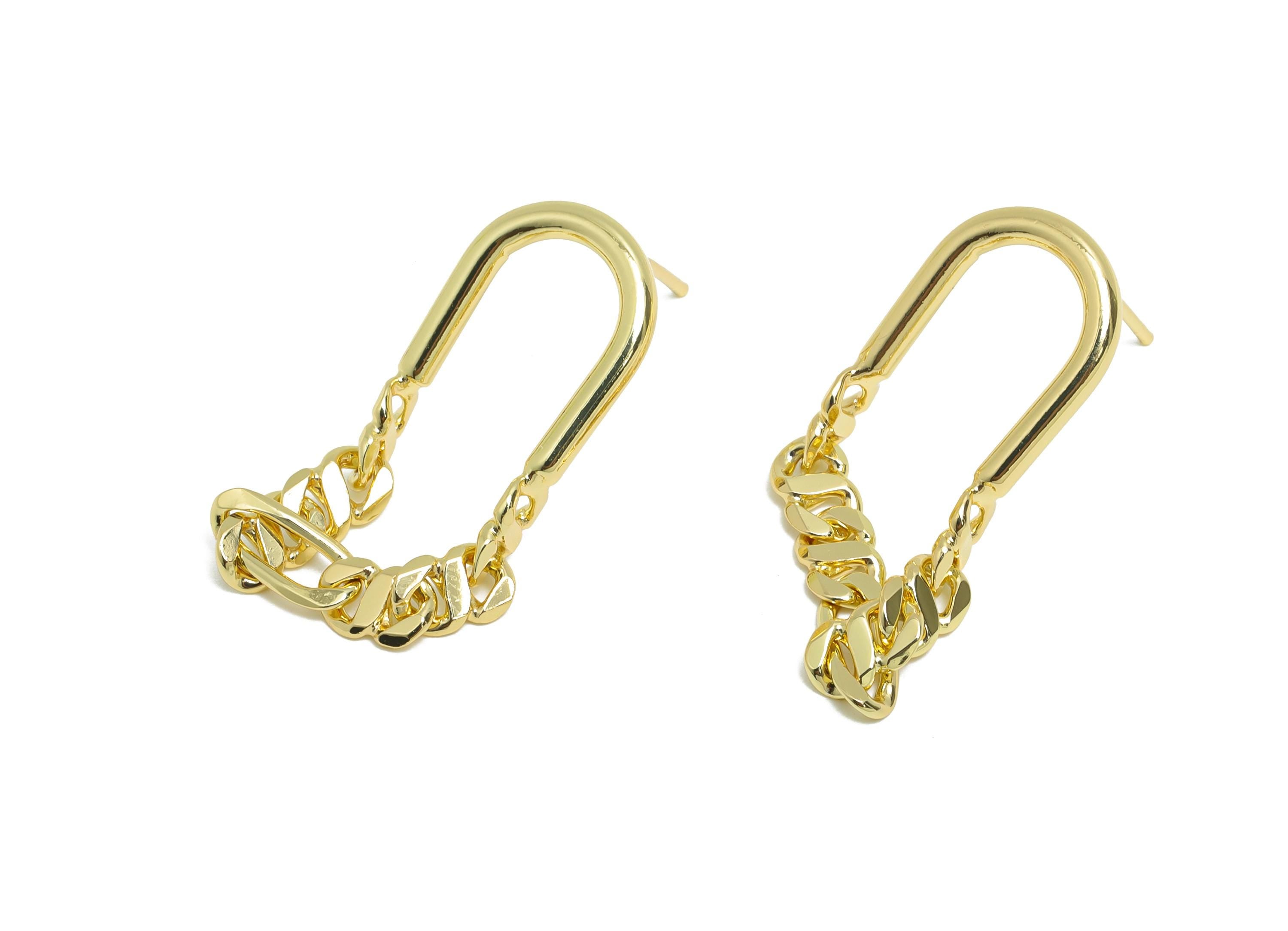 Brass U Shape Earring Stud - Gold Dangling Chain Earring Post - Fashion Chain Geometric Earring -14K Real Gold-Plated -27x12x2mm -RGP9443-14 - DOMEDBAZAAR