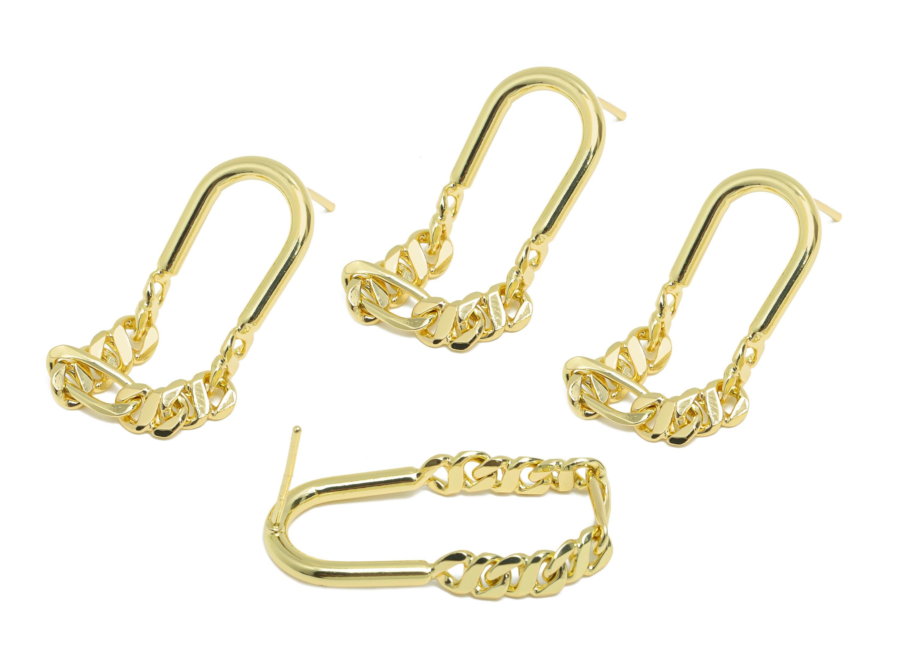 Brass U Shape Earring Stud - Gold Dangling Chain Earring Post - Fashion Chain Geometric Earring -14K Real Gold-Plated -27x12x2mm -RGP9443-14 - DOMEDBAZAAR