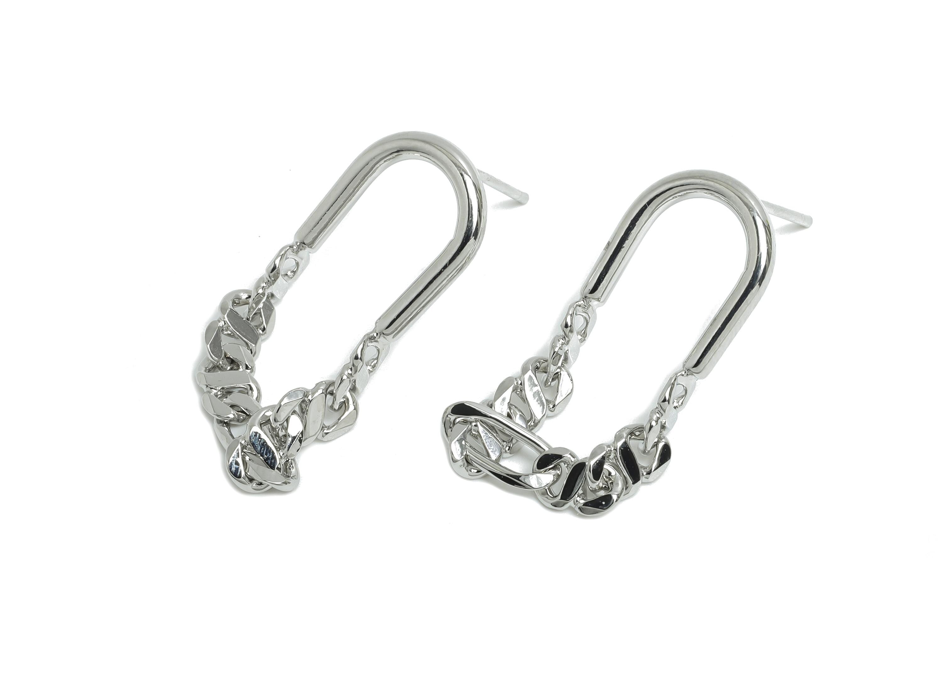 Brass U Shape Earring Stud - Dangling Chain Earring Post - Fashion Chain Geometric Earring - 18K Real White Gold-Plated -27x12x2mm -RGP9443S - DOMEDBAZAAR