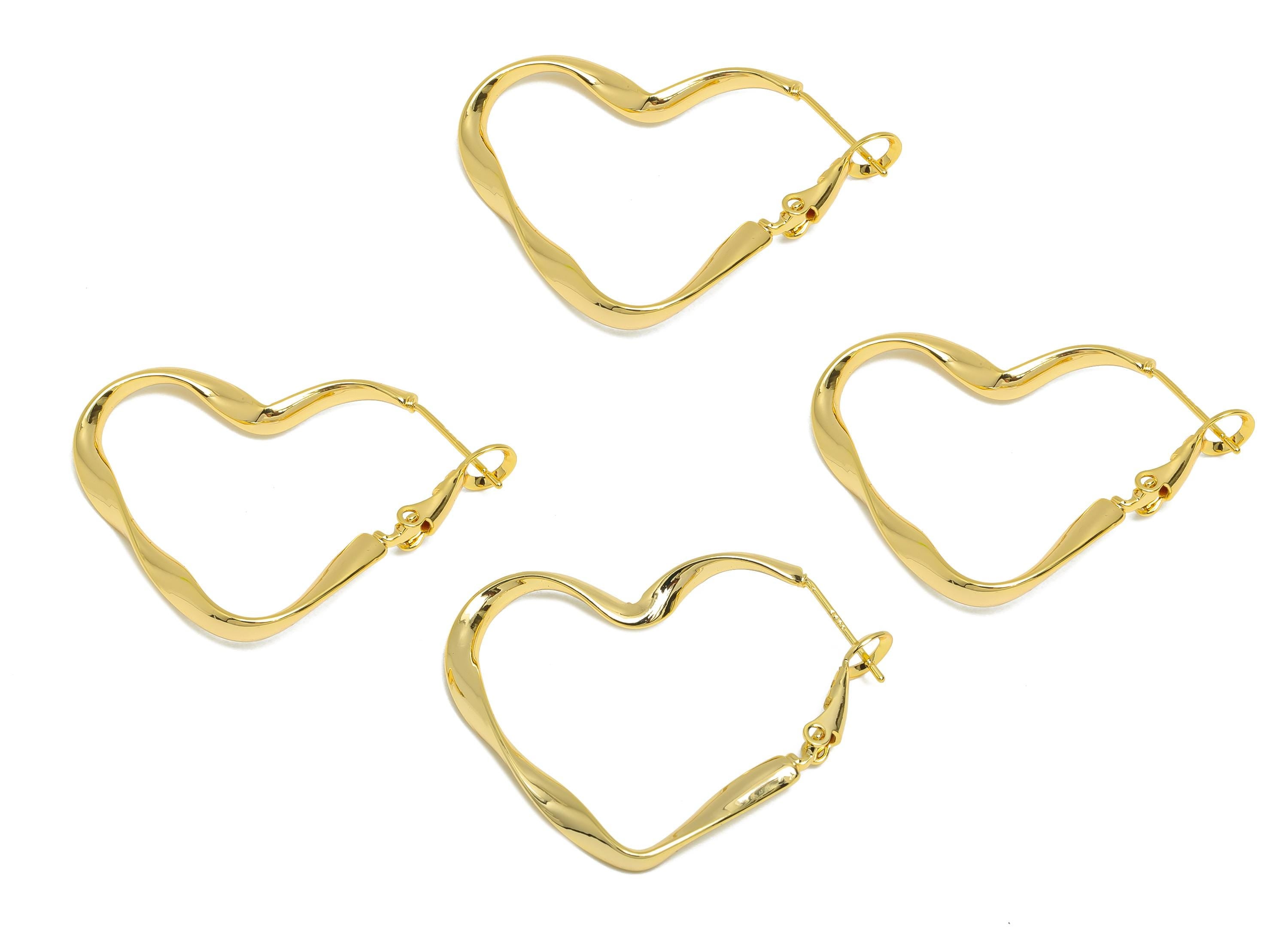 Brass Heart Hoop Earrings - Gold Dainty Wavy Heart Earrings - Twisted Clasp Back Earrings - 18K Real Gold Plated Brass - 38x29x2mm - RGP9434 - DOMEDBAZAAR