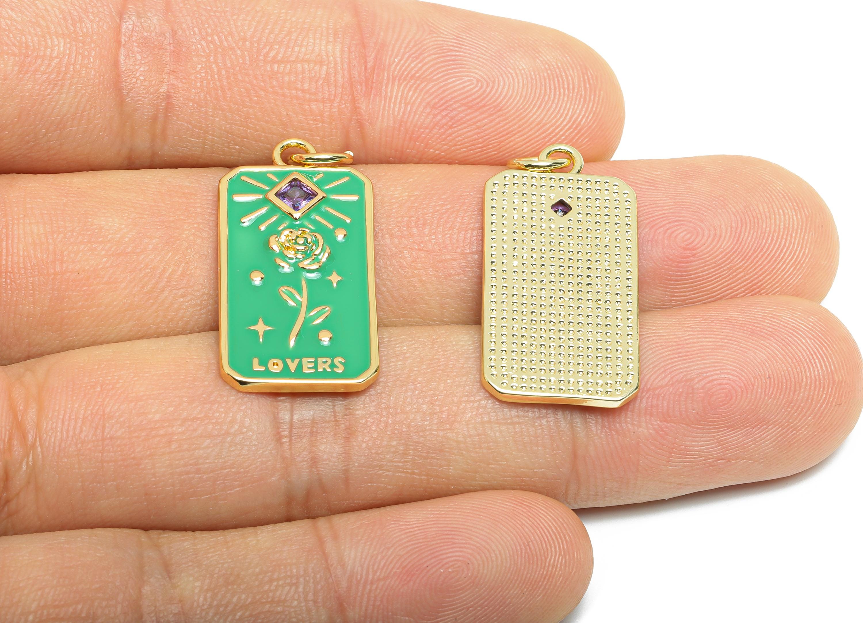 Green Flower Pendant - Brass Square Zircon Enamel Rose Jewelry - Rectangle Space Pendant - 18K Real Gold Plating - 27x14x2.04mm - RGP9724 - DOMEDBAZAAR