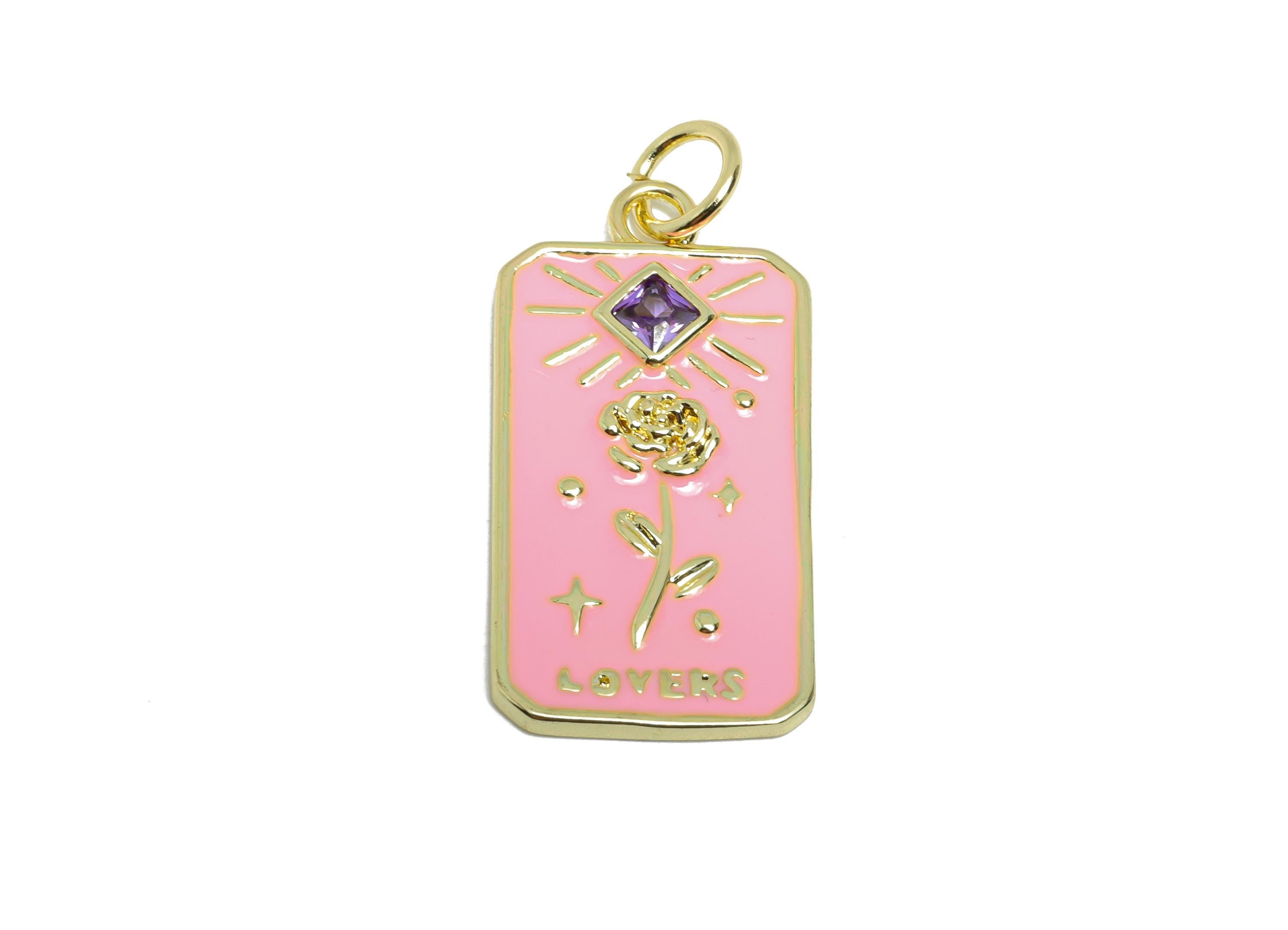 Pink Flower Pendant - Brass Square Zircon Enamel Rose Jewelry - Rectangle Space Pendant - 18K Real Gold Plating - 27x14x2.04mm - RGP9723 - DOMEDBAZAAR