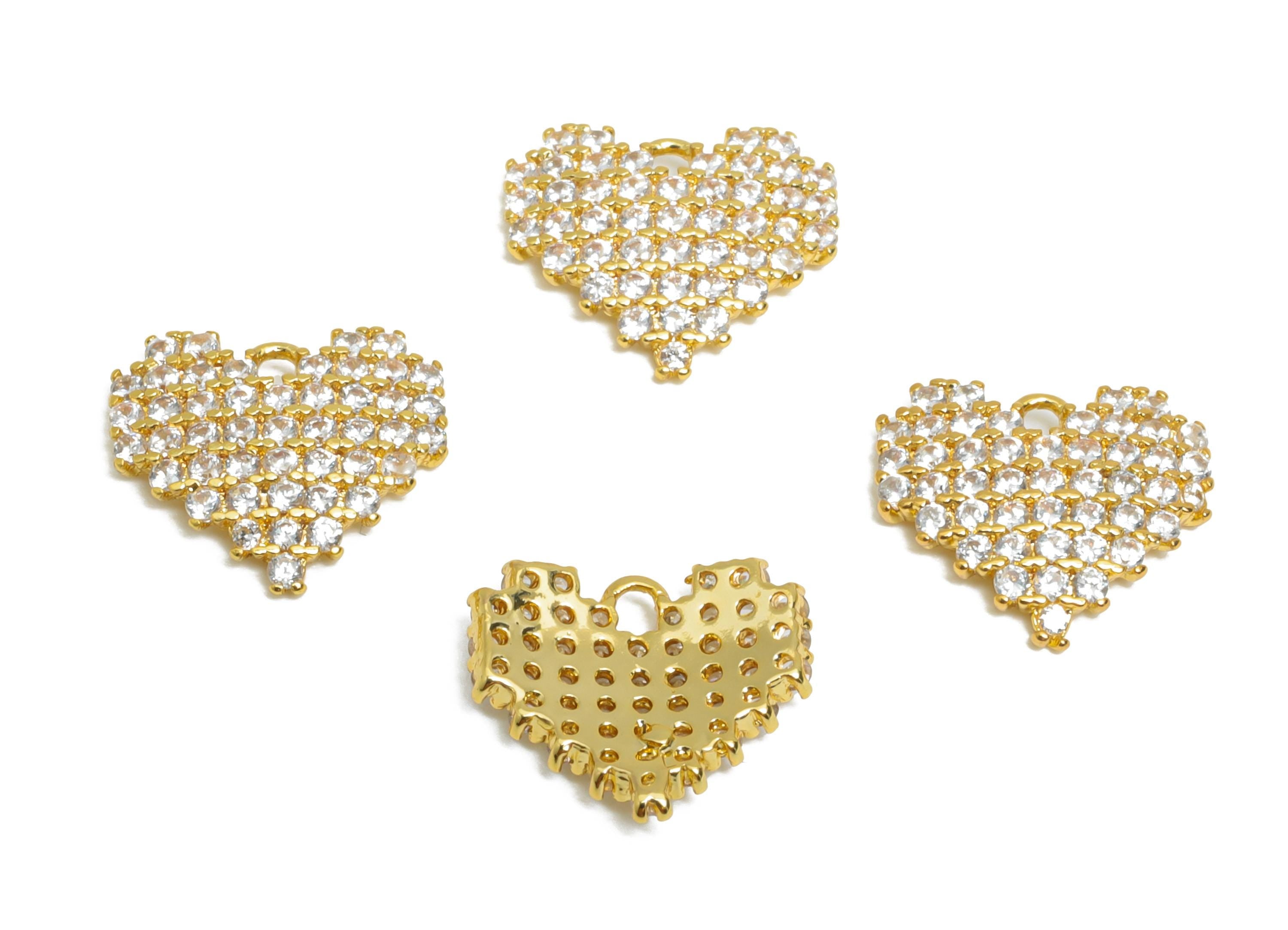 Brass CZ Heart Earring Charm - Gold Mini Heart Pendant for Bracelet - Sparkling CZ Jewelry - 18K Real Gold-Plated -2x9.4x2.1x0.48mm -RGP9544 - DOMEDBAZAAR