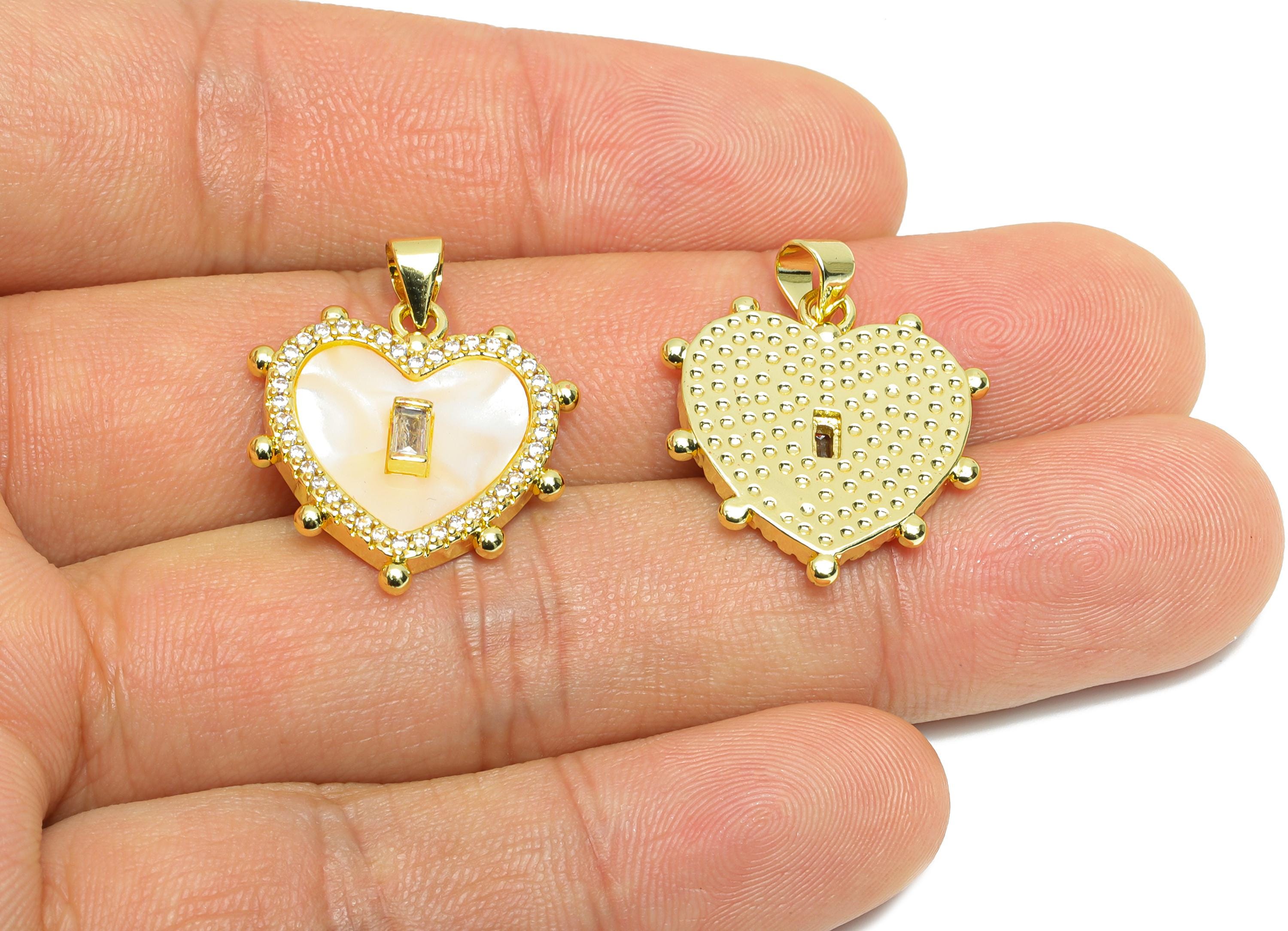 Vintage Heart Shell Pendant - Brass Rectangle CZ Jewelry - DIY Handmade Cubic Zircon Pendant - 18K Real Gold Plated - 22x22x3.24mm - RGP9714 - DOMEDBAZAAR