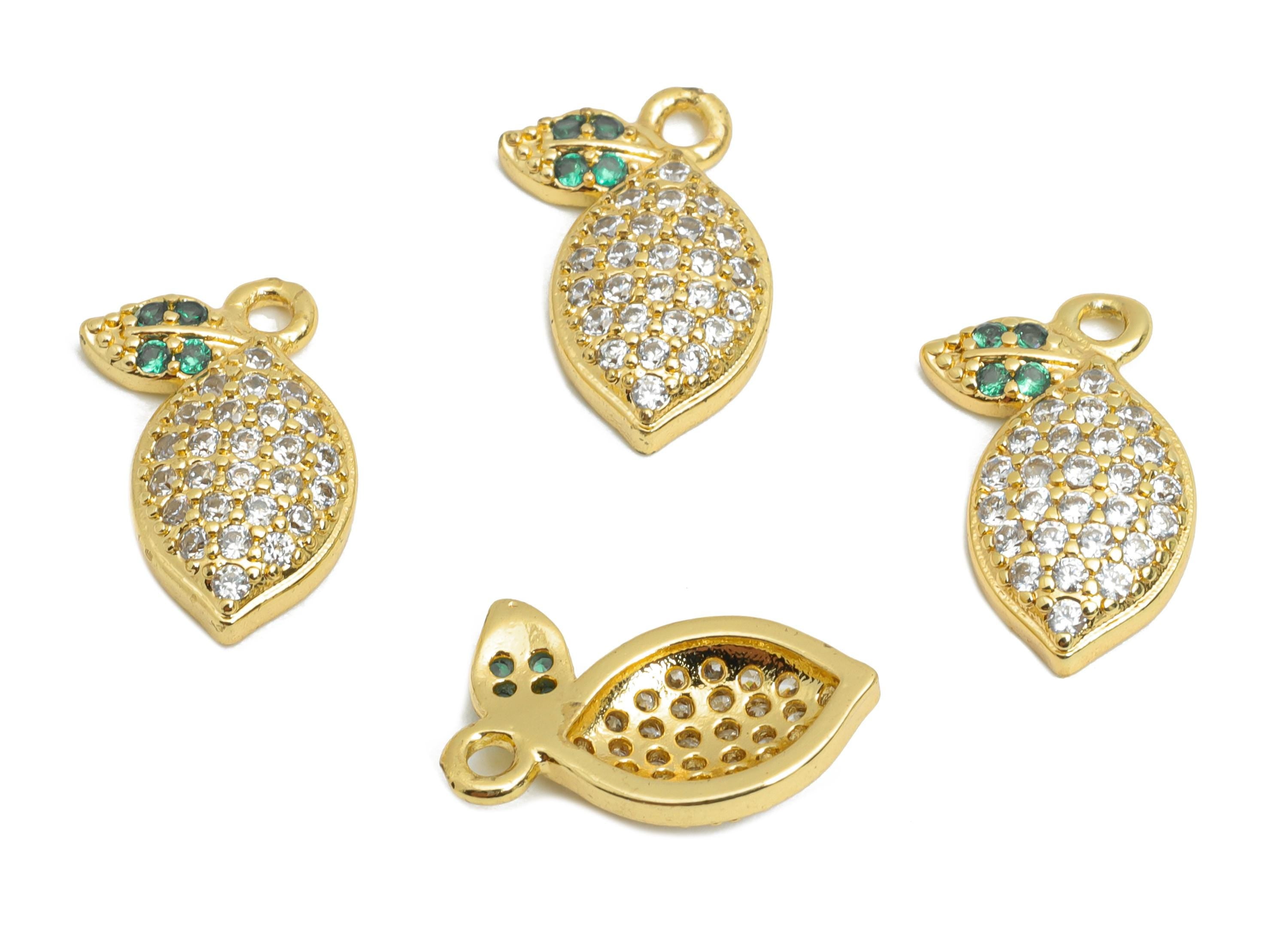 Brass CZ Leaf Earring Charm - Gold Botanical Pendant for Bracelet - Sparkling CZ Jewelry - 18K Real Gold-Plated - 14x9x2.86mm - RGP9728 - DOMEDBAZAAR