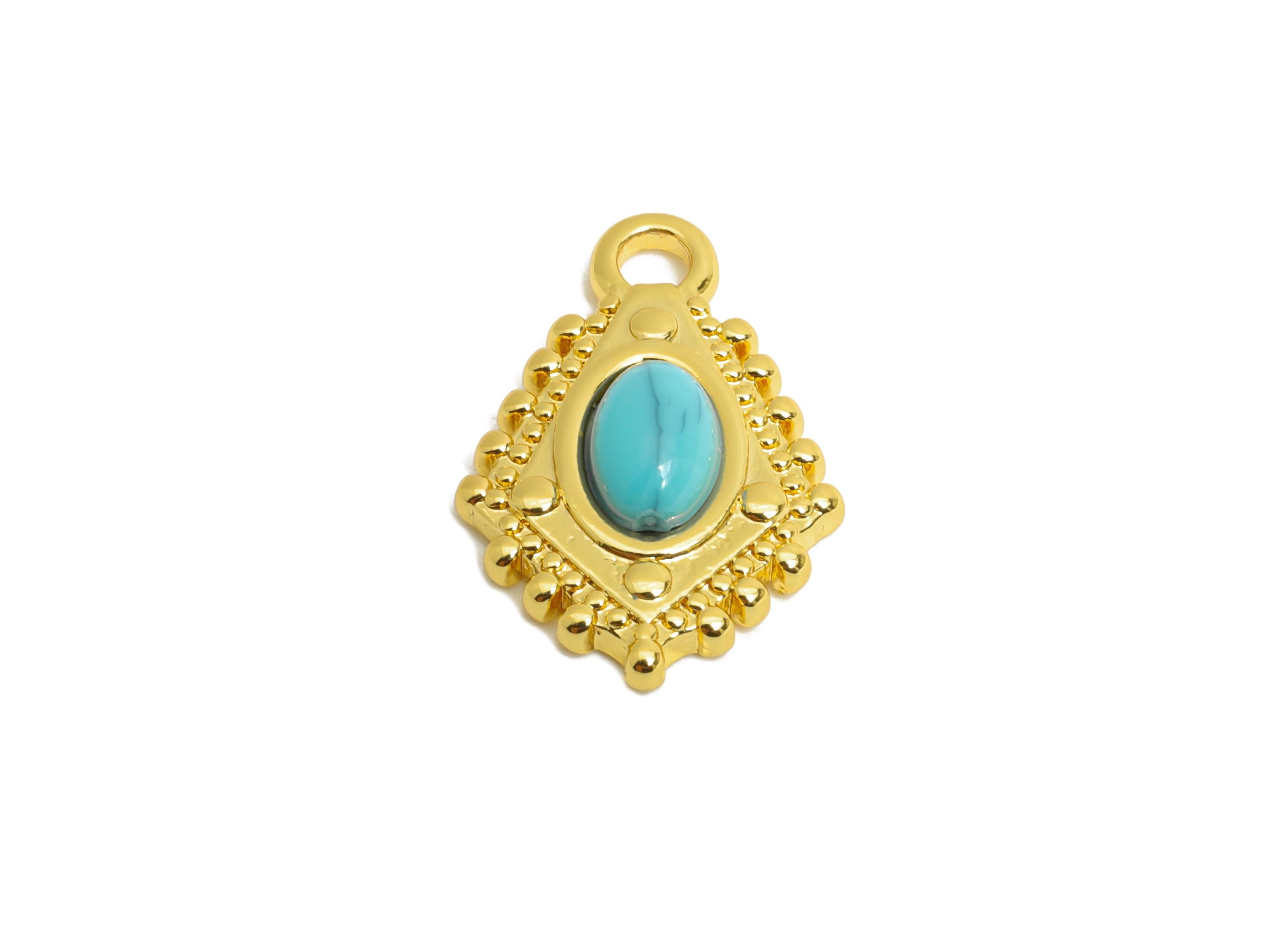 Blue Turquoise Charm - Brass Vintage Oval Earring Charm - Gemstone Vintage Modern Pendant - 18K Real Gold Plated - 16.87x11x3.85mm - RGP9667 - DOMEDBAZAAR