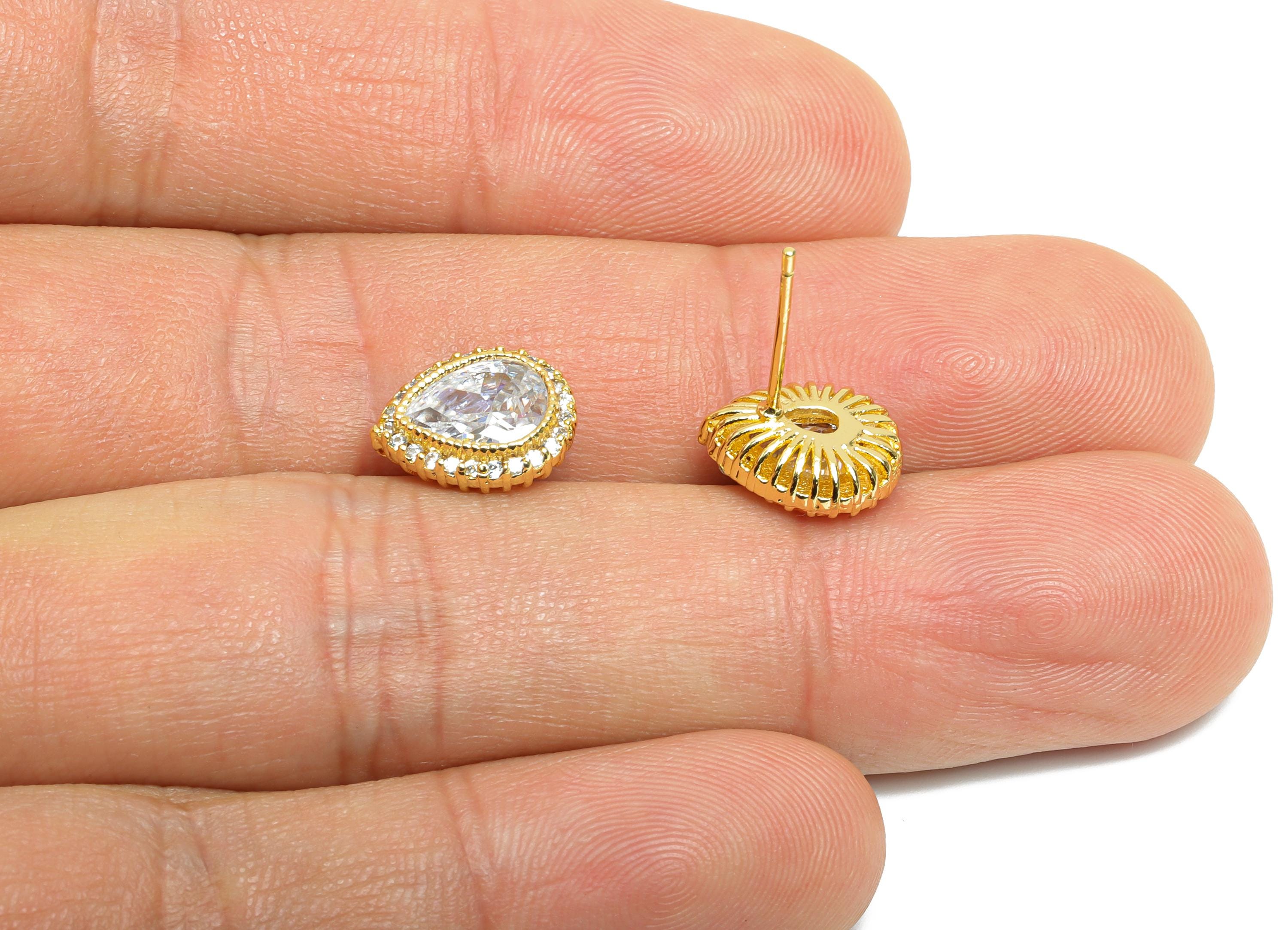 Brass CZ Drop Post - Gold Textured Drop Earrings Stud - Sparking Earring for Girls - 18K Real Gold Plated Brass - 11.4x9x0.78xmm - RGP9611 - DOMEDBAZAAR