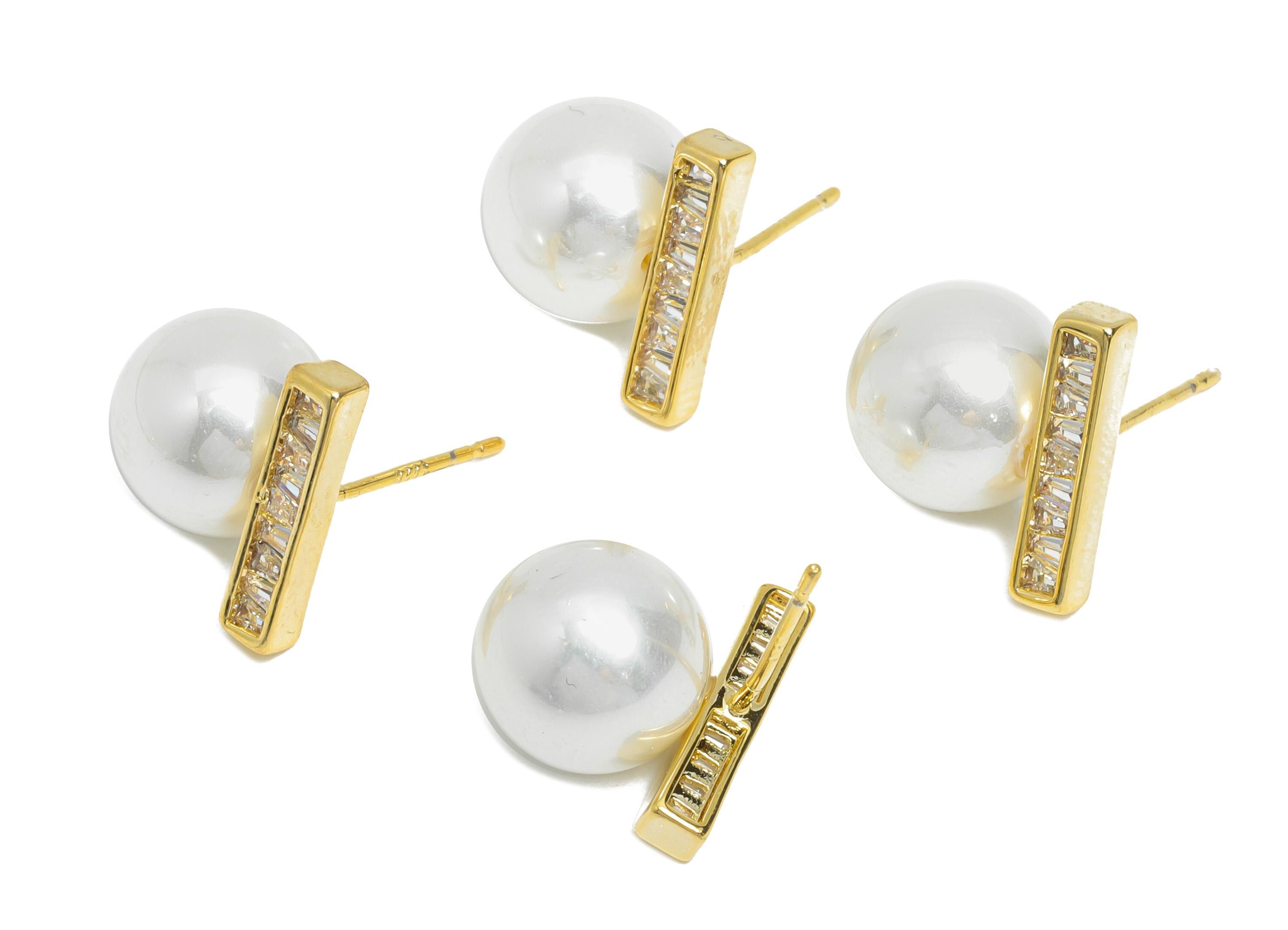 Brass CZ Bar Pearl Stud - Gold Bar Seashell Pearl Earring Stud - Minimalism Jewelry for Gift - 18K Gold Plated - 13.62x13.21x0.7mm -RGP9581 - DOMEDBAZAAR