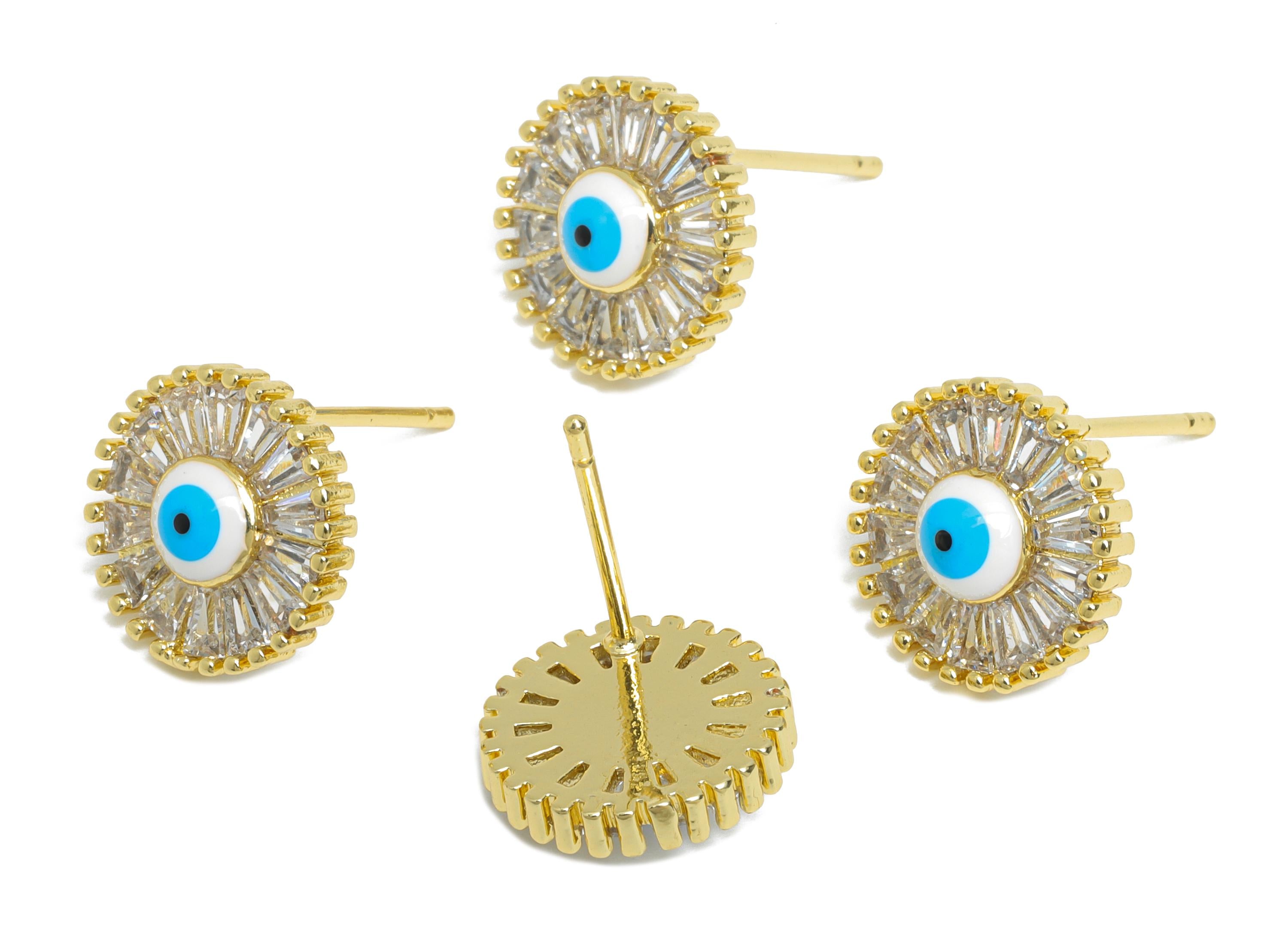 Brass Enamel Eye Stud Earring - Gold Zircon Round Earring Stud - Sparking Jewelry for Gift- 18K Real Gold Plated - 12x3.9x1.52mm - RGP9556 - DOMEDBAZAAR