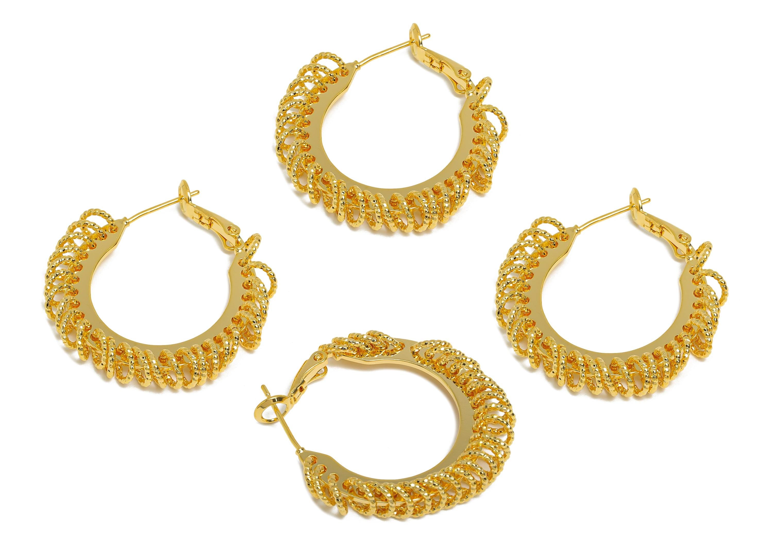 Brass Round Hoop Earrings - Gold Intricate Hanging Ring Earrings - Textured Clasp Back Earrings - 18K Real Gold Plated - 30x29x5mm - RGP9516 - DOMEDBAZAAR