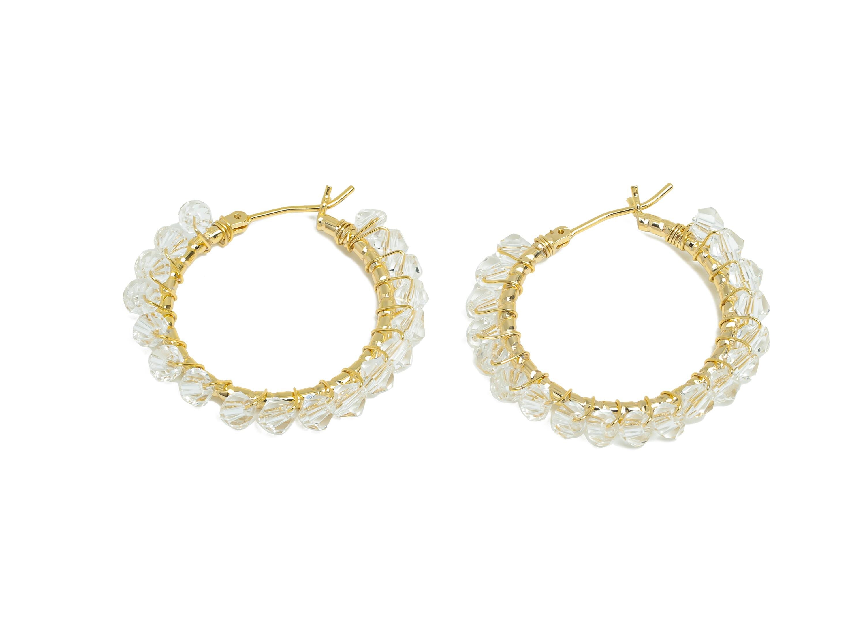 Brass Beaded Hoop Earring - Gold Braided Zircon Earring - Geometric Hinged Back Earring - 18K Real Gold-Plated Brass - 32x29x3.8mm - RGP9447 - DOMEDBAZAAR