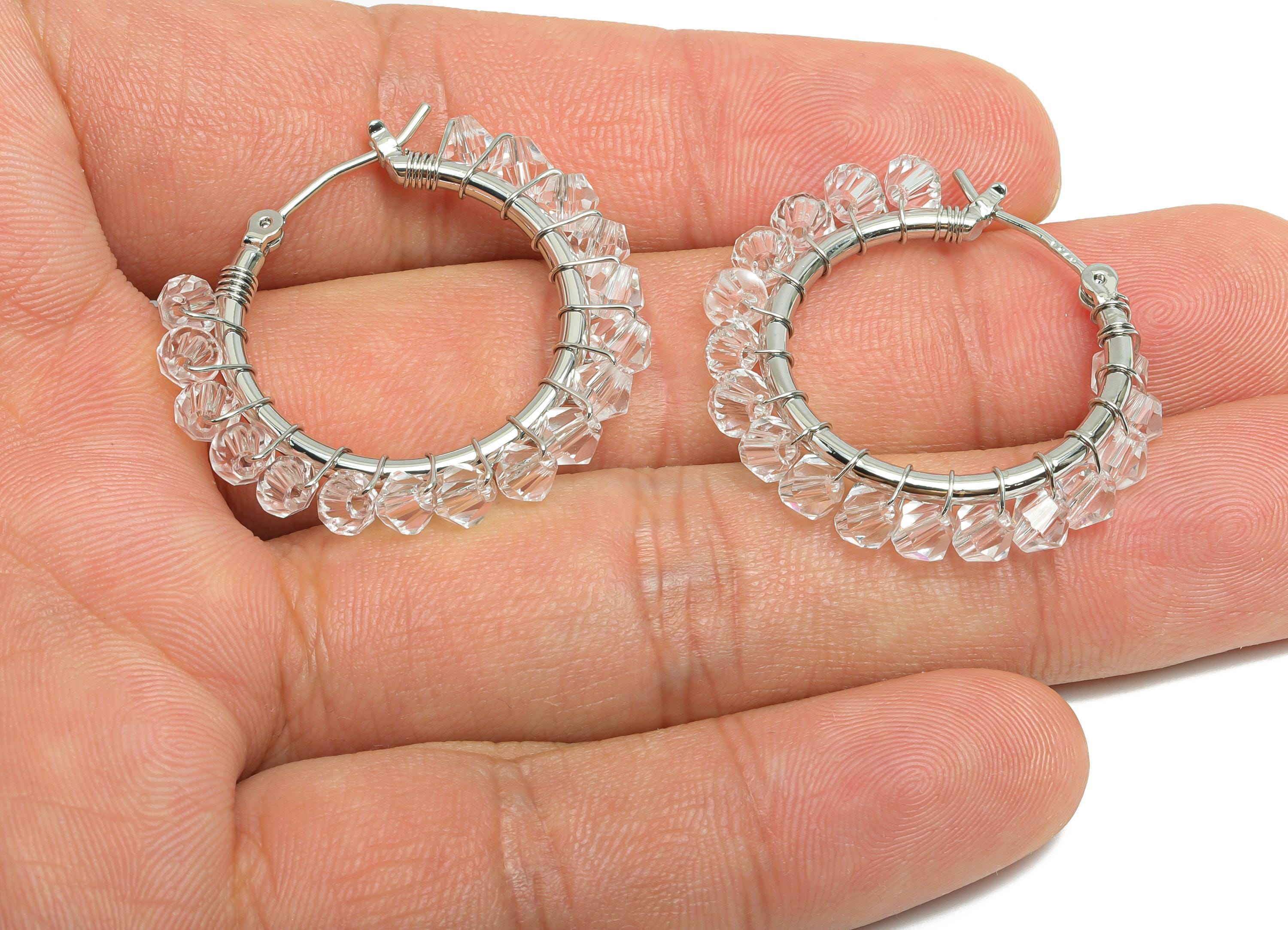 Brass Beaded Hoop Earring - White Braided Zircon Earring - Geometric Hinged Back Earring -18K Real White Gold-Plated -32x29x3.8mm - RGP9447S - DOMEDBAZAAR