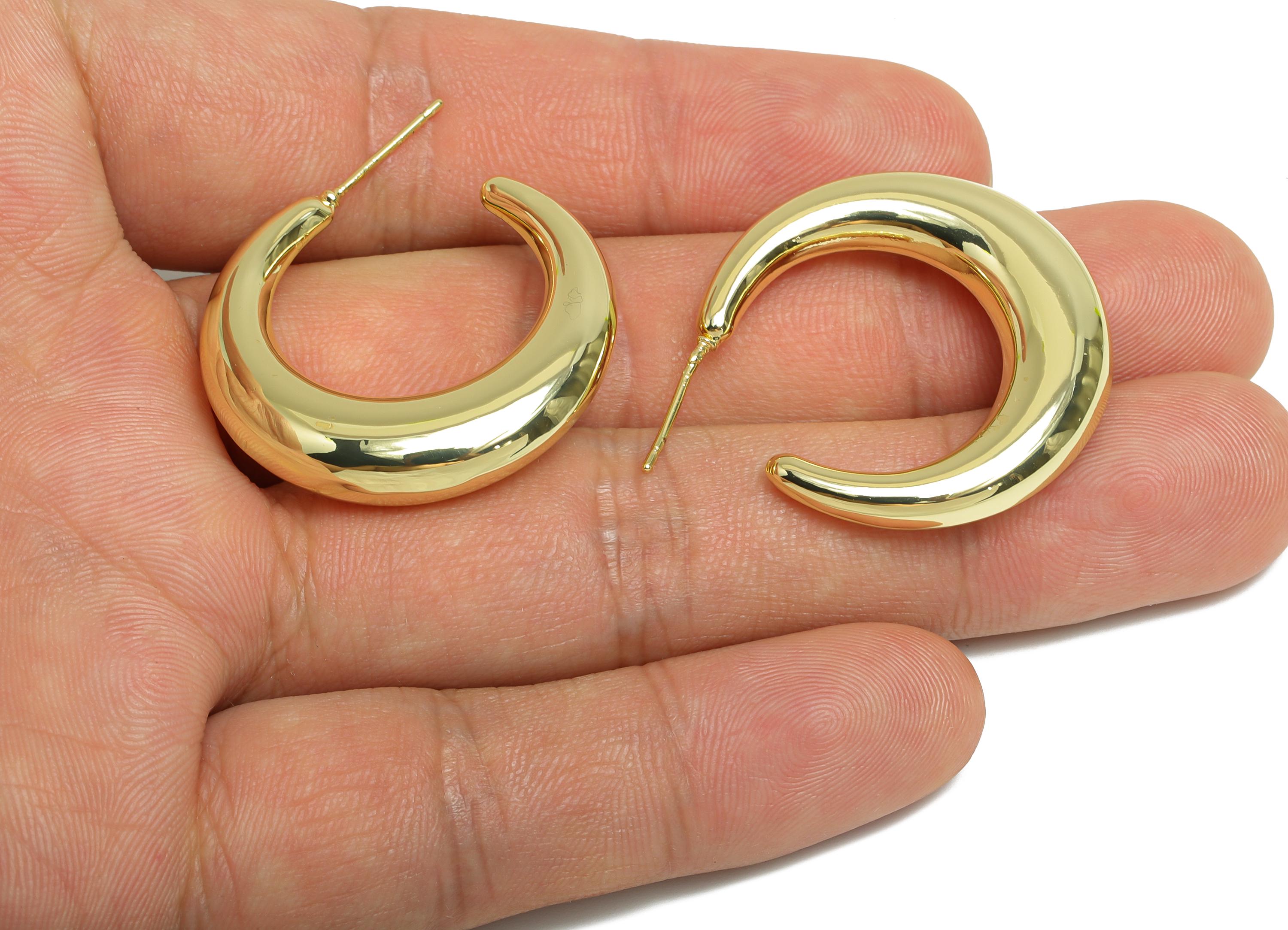 Brass Crescent Earring Stud - Gold Half-Moon Earrings - Minimalist Open C Hoop Earring Post- 14K Real Gold-Plated - 30x28x6.6mm - RGP9502-14 - DOMEDBAZAAR