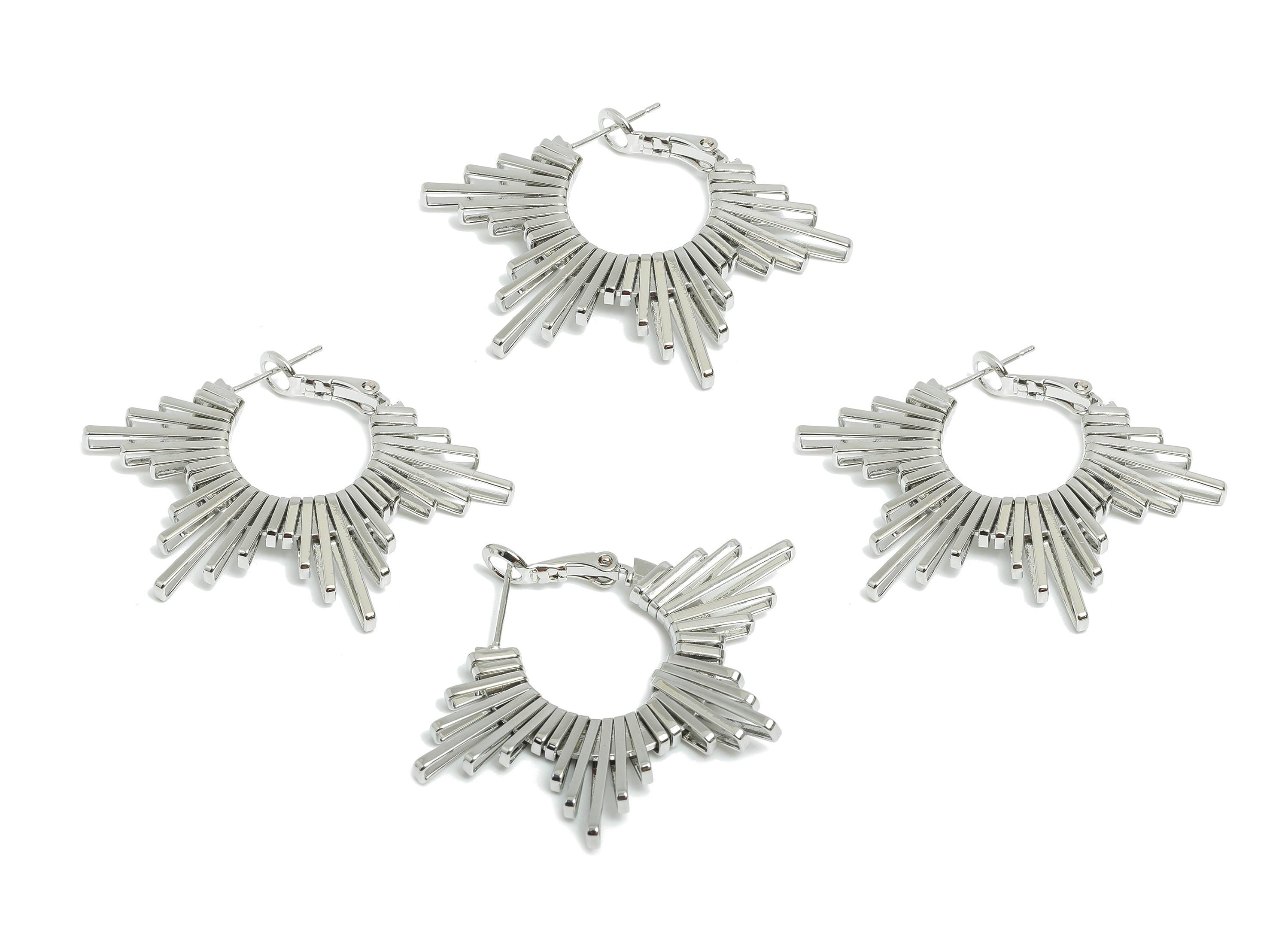 Brass Dazzling Sunray Earring - White Unique Fan Earring - Geometric Clasp Back Earring - 18K Real White Gold-Plated - 45x31x2.8mm -RGP9520S - DOMEDBAZAAR