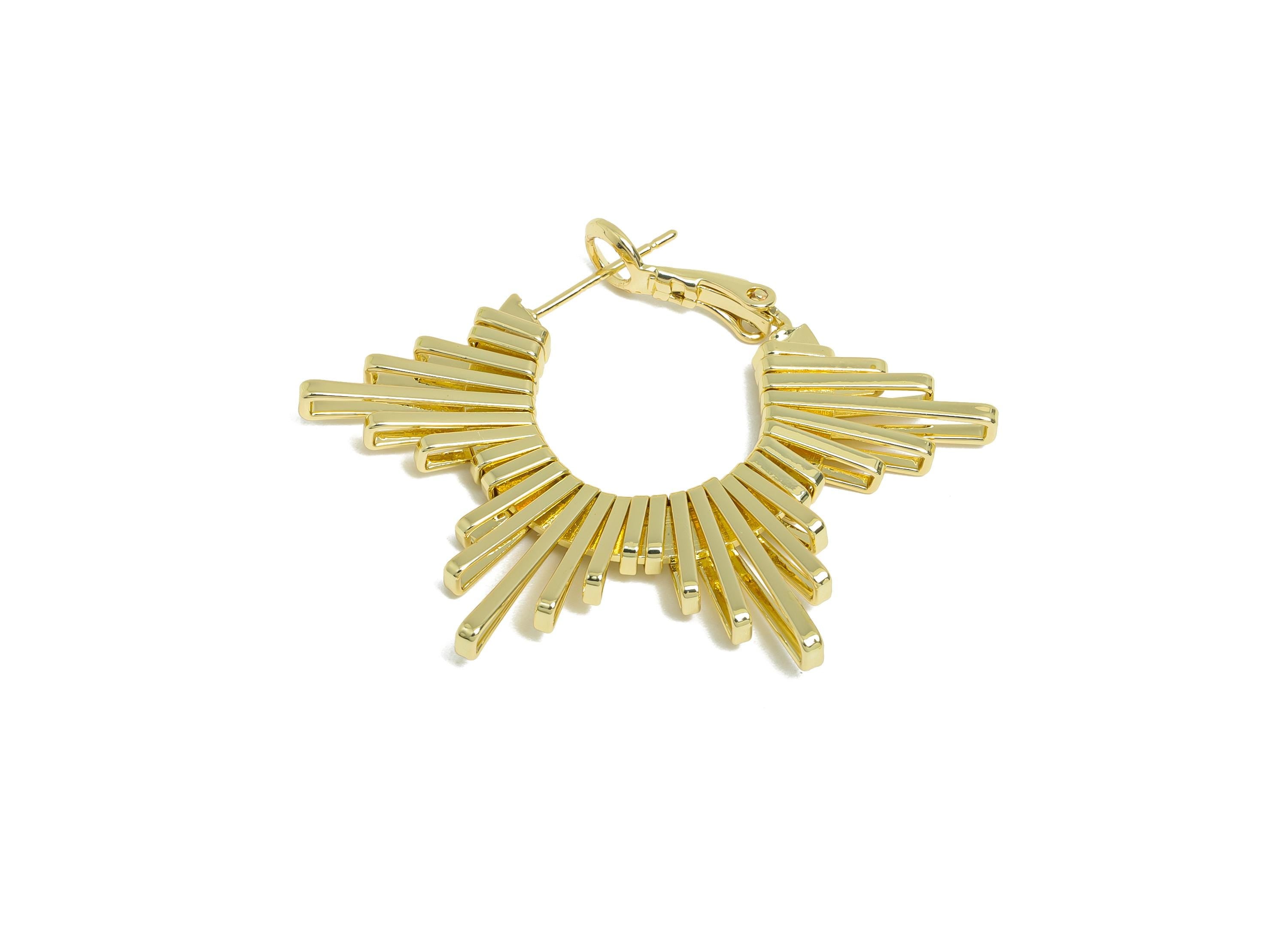 Brass Dazzling Sunray Earrings - Gold Unique Fan Earrings - Geometric Clasp Back Earrings - 14K Real Gold-Plated - 45x31x2.8mm - RGP9520-14 - DOMEDBAZAAR