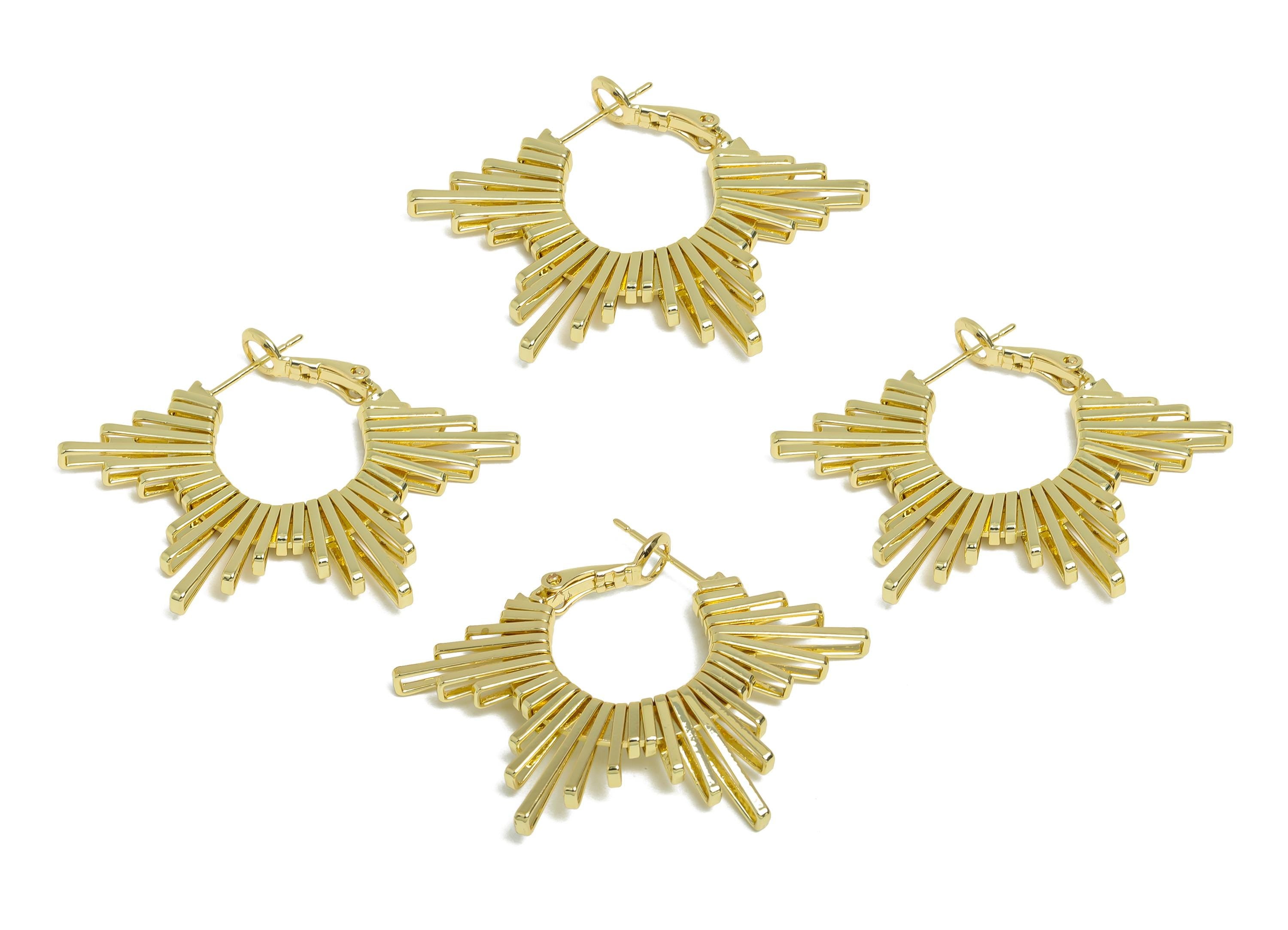 Brass Dazzling Sunray Earrings - Gold Unique Fan Earrings - Geometric Clasp Back Earrings - 14K Real Gold-Plated - 45x31x2.8mm - RGP9520-14 - DOMEDBAZAAR