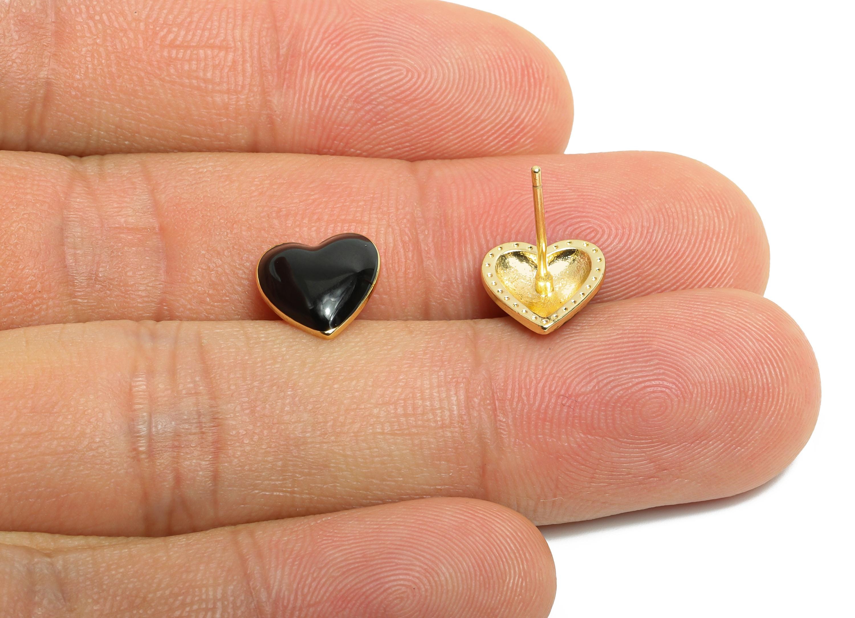 Brass Enamel Heart Stud - Black Enamel Chic Colorful Earrings Stud - Minimalism Jewelry - 18K Real Gold Plating - 9.88x9.74x0.79mm - RGP9822 - DOMEDBAZAAR