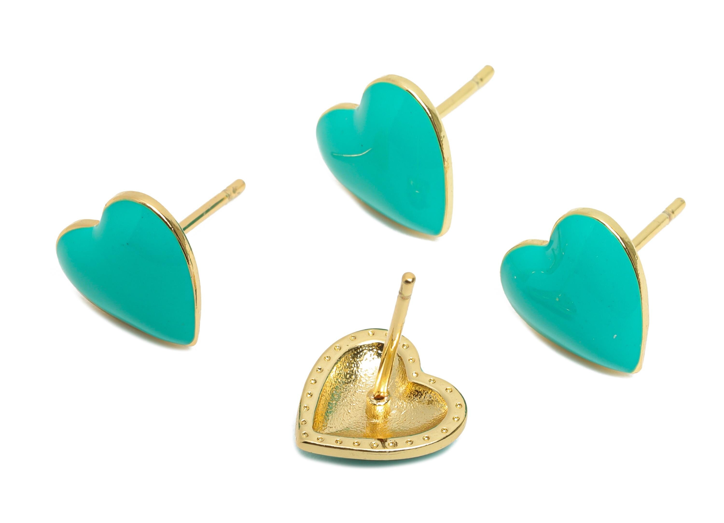 Brass Enamel Heart Stud - Green Enamel Chic Colorful Earrings Stud - Minimalism Jewelry - 18K Real Gold Plating - 9.88x9.74x0.79mm - RGP9820 - DOMEDBAZAAR