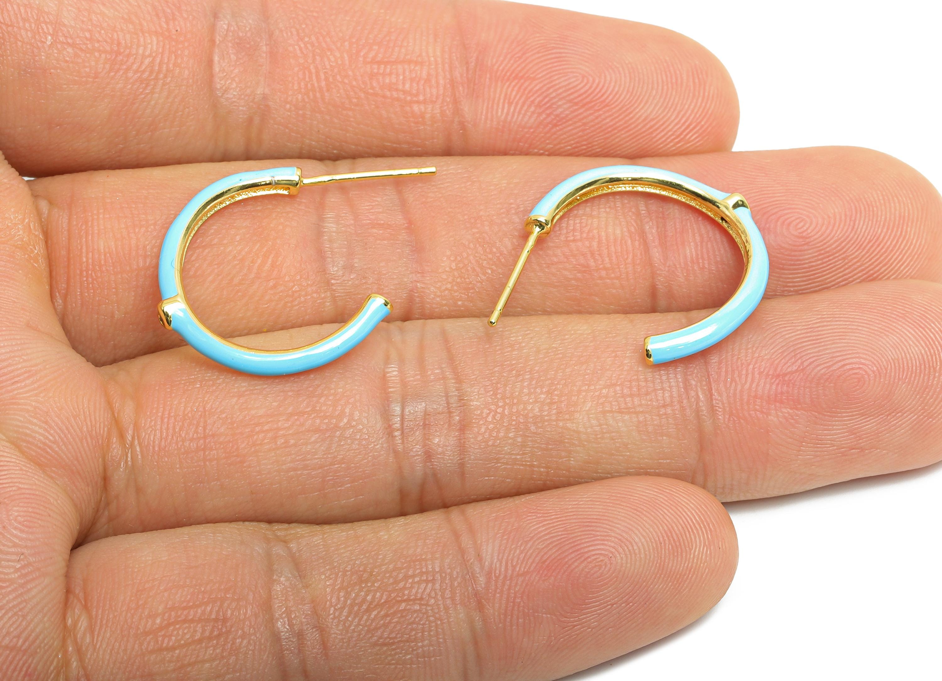 Brass Open C Hoop Stud - Blue Enamel CZ Hoop Stud Earring - Gold Minimalist Earring Post - 18K Real Gold Plated -19.17x25.33x0.77mm -RGP9744 - DOMEDBAZAAR