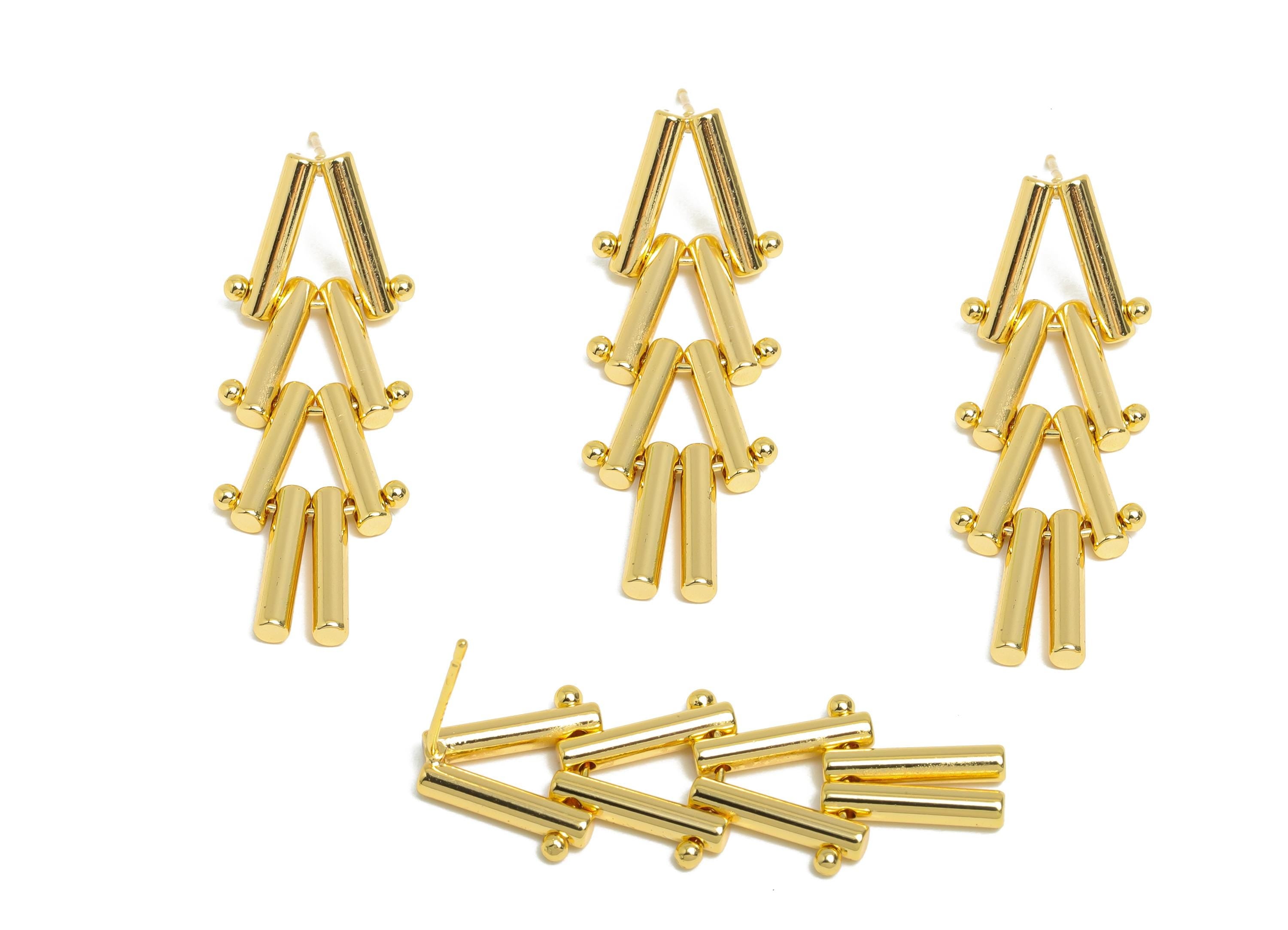 Triangle Dangle Earring - Brass Long Interlock Earring Post - Gold Unique Geometric Earring - 18K Real Gold Plated -38x13.7x2.5mm - RGP9519 - DOMEDBAZAAR