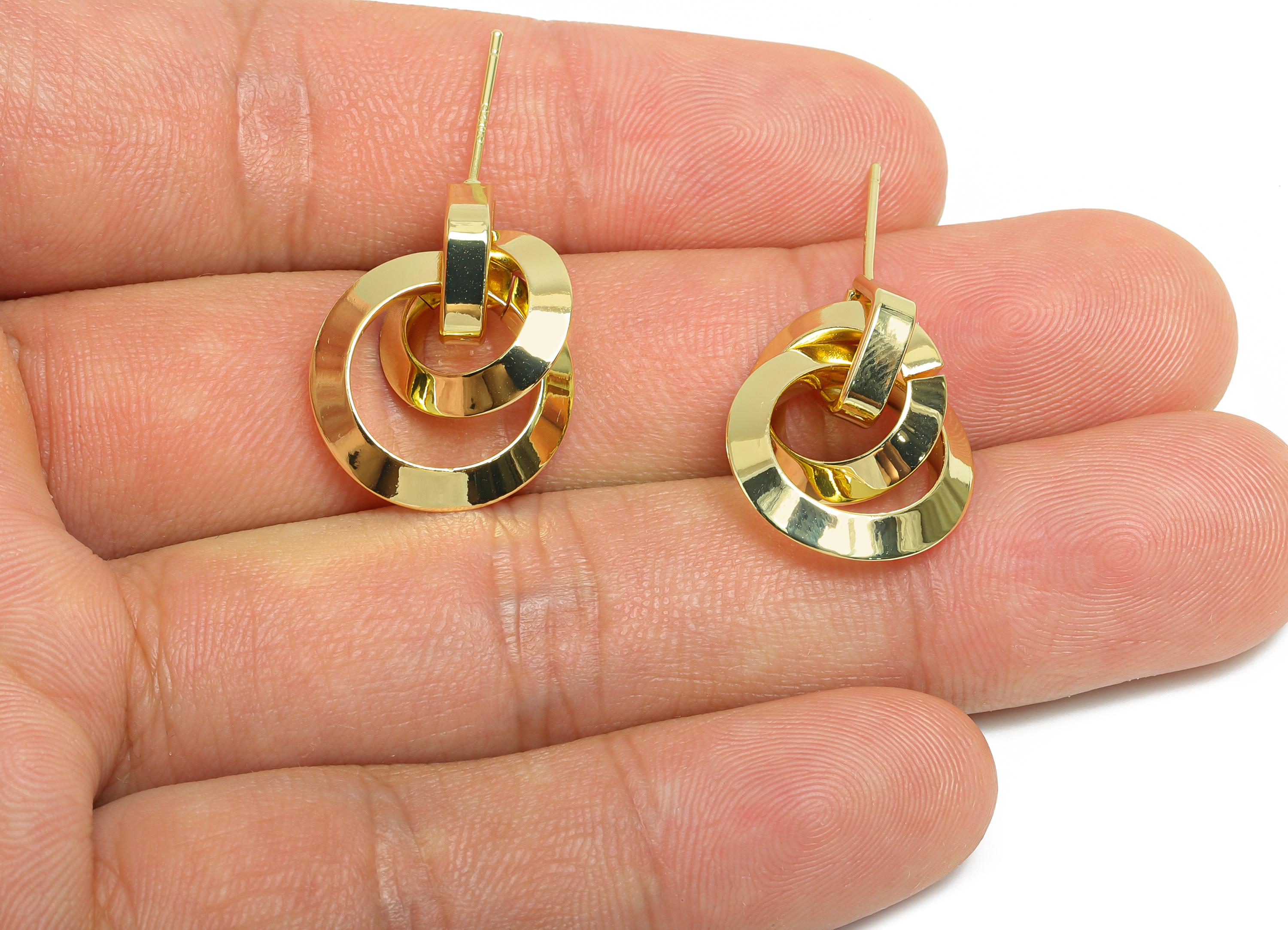 Brass Dangle Chain Earring Stud - Gold Interlock Hoop Earring Post - Bold Dangle Earring Post -14K Real Gold-Plated -20.4x17x3mm -RGP9530-14 - DOMEDBAZAAR